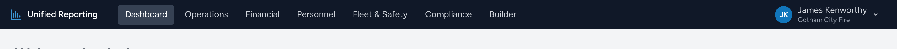 The Analytics top navigation bar showing Dashboard, Operations, Financial, Personnel, Fleet & Safety, Compliance, Builder, and Scheduled.