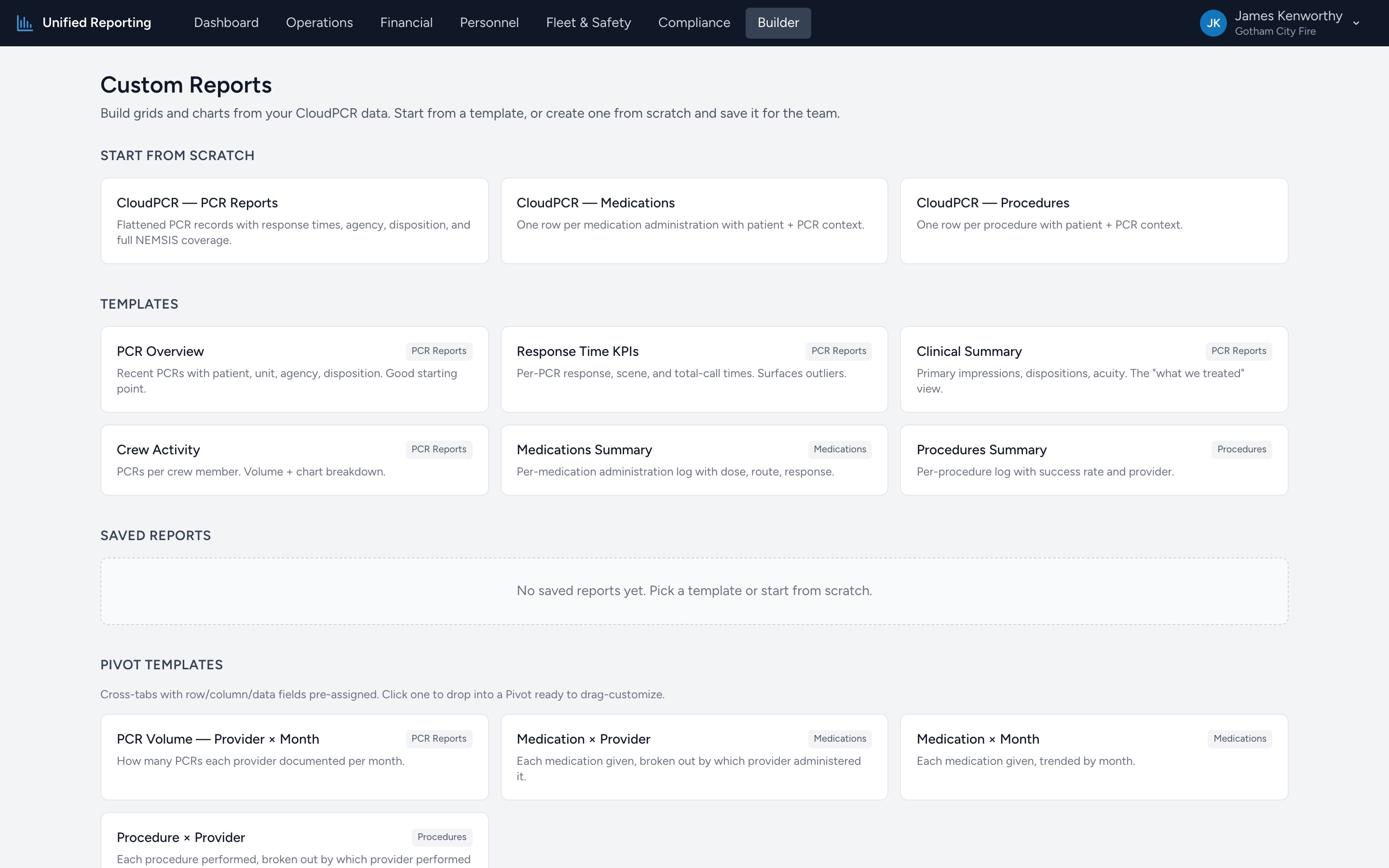 The Custom Report Builder landing page with Templates and Start from scratch sections, plus a link to view saved reports.