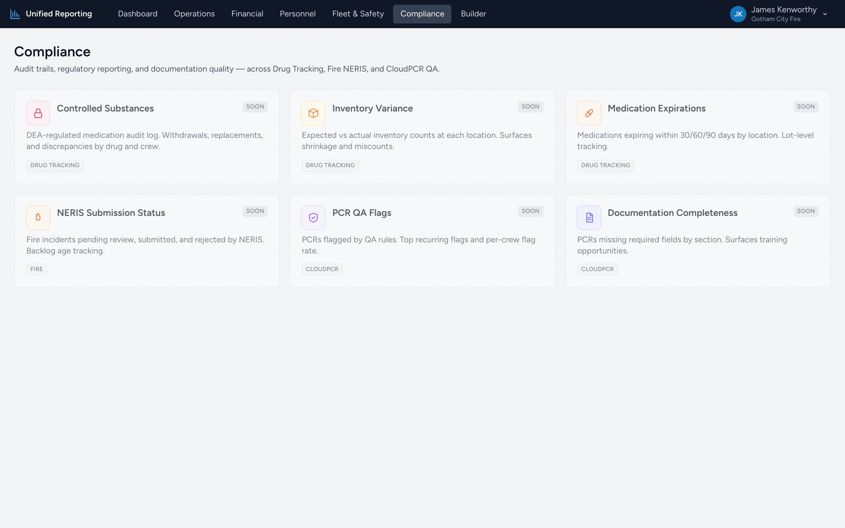 The Compliance reports landing page with cards for Controlled Substances, Inventory Variance, NERIS Submission Status, PCR QA Flags, and Documentation Completeness.