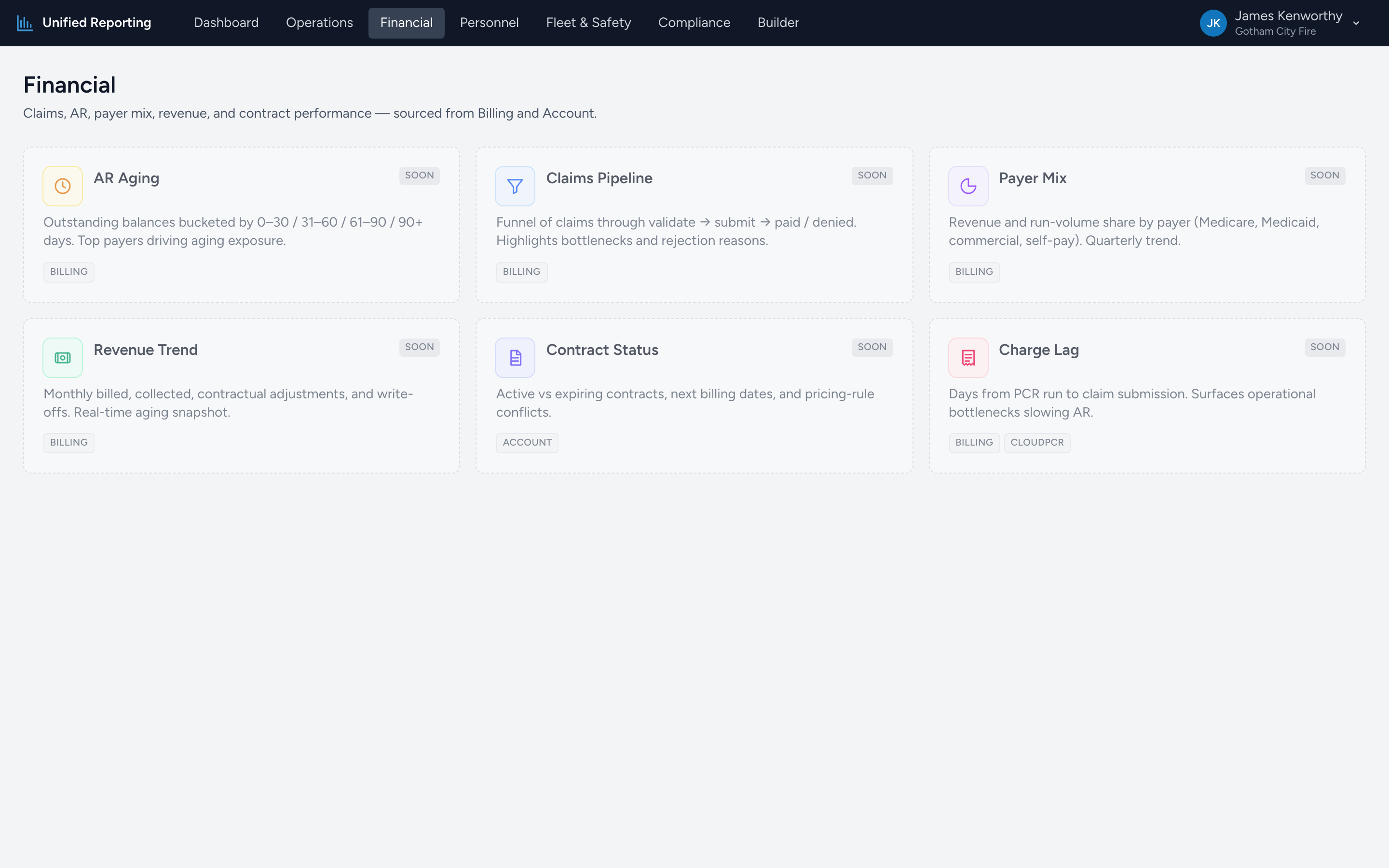 The Financial reports landing page with daily-driver tiles at the top and working grids below.