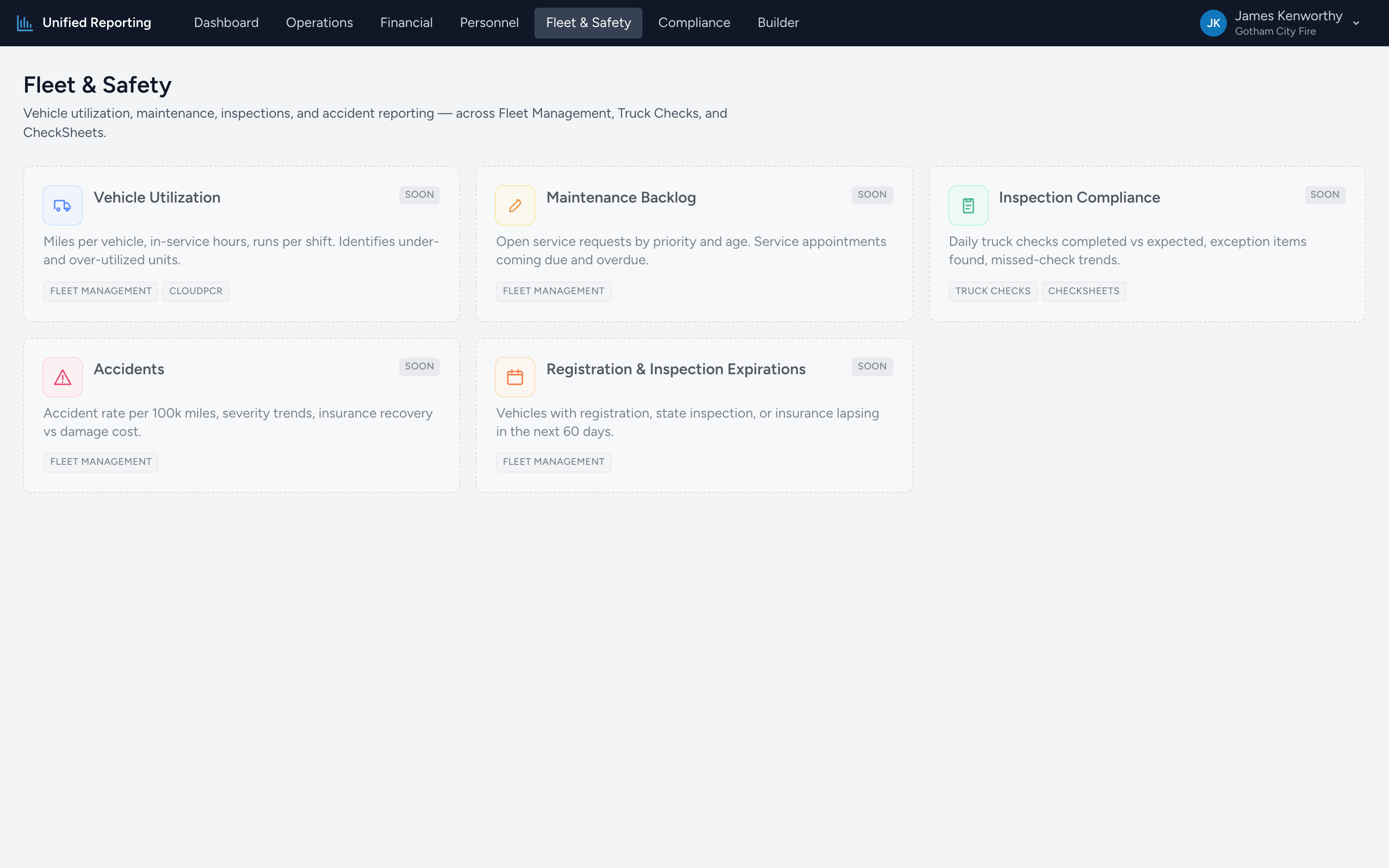 The Fleet & Safety reports landing page with five cards: Vehicle Utilization, Maintenance Backlog, Inspection Compliance, Accidents, and Registration & Inspection Expirations.