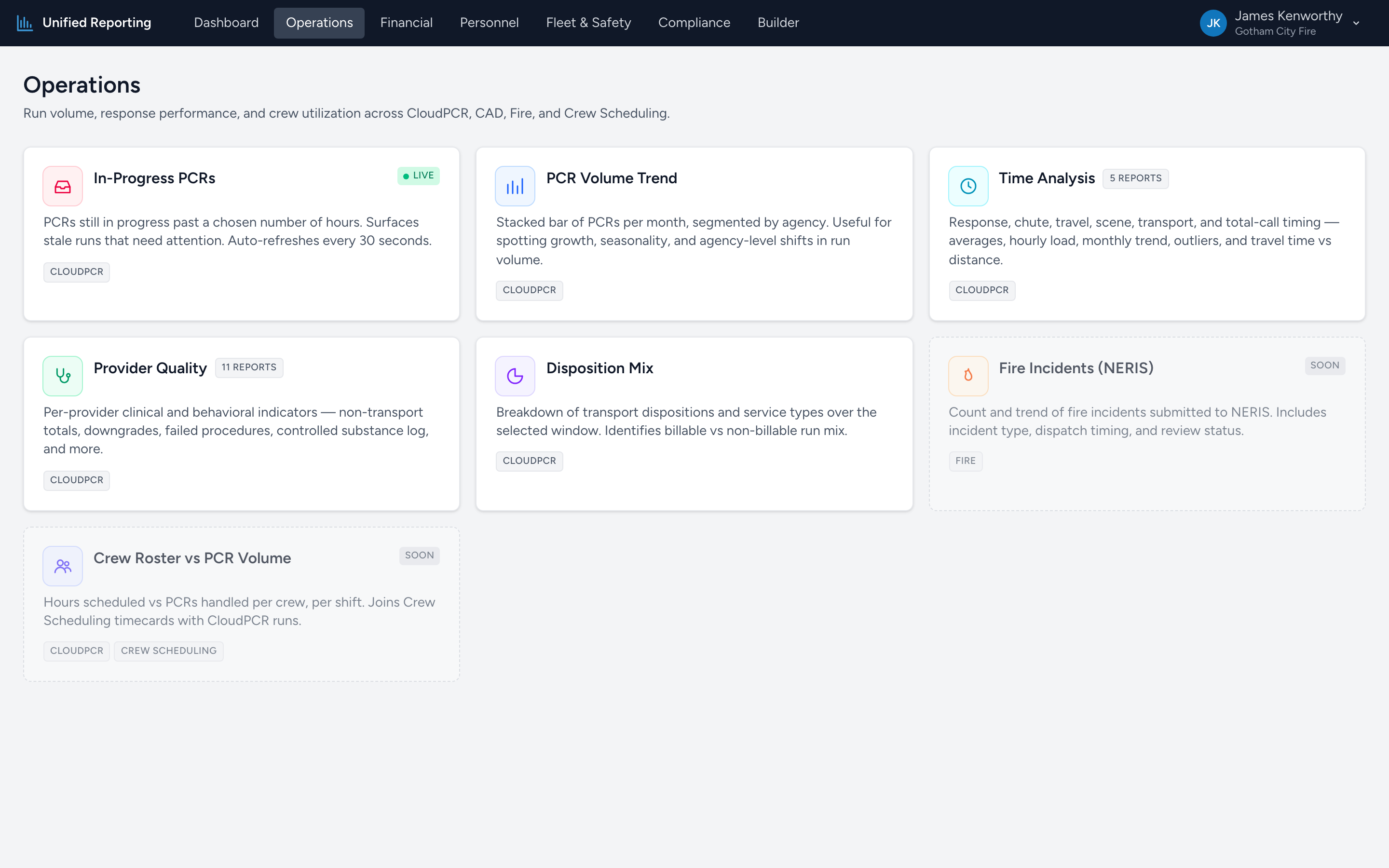 The Operations reports landing page with cards for In-Progress PCRs, PCR Volume Trend, Time Analysis, Provider Quality, and Disposition Mix.