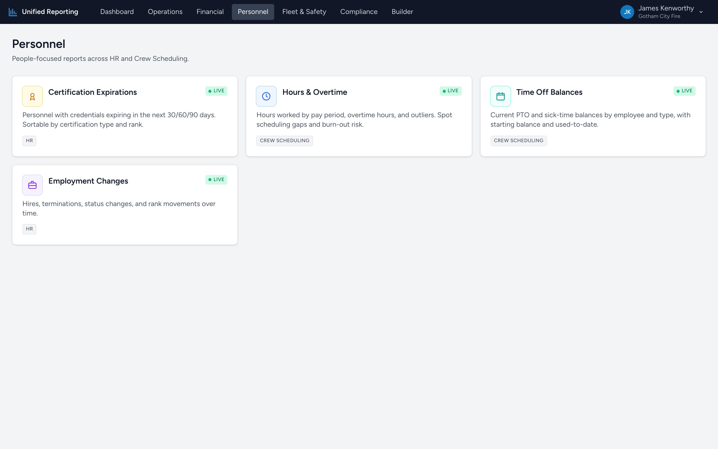 The Personnel reports landing page with cards for Certification Expirations, Hours & Overtime, Time Off Balances, and Employment Changes.