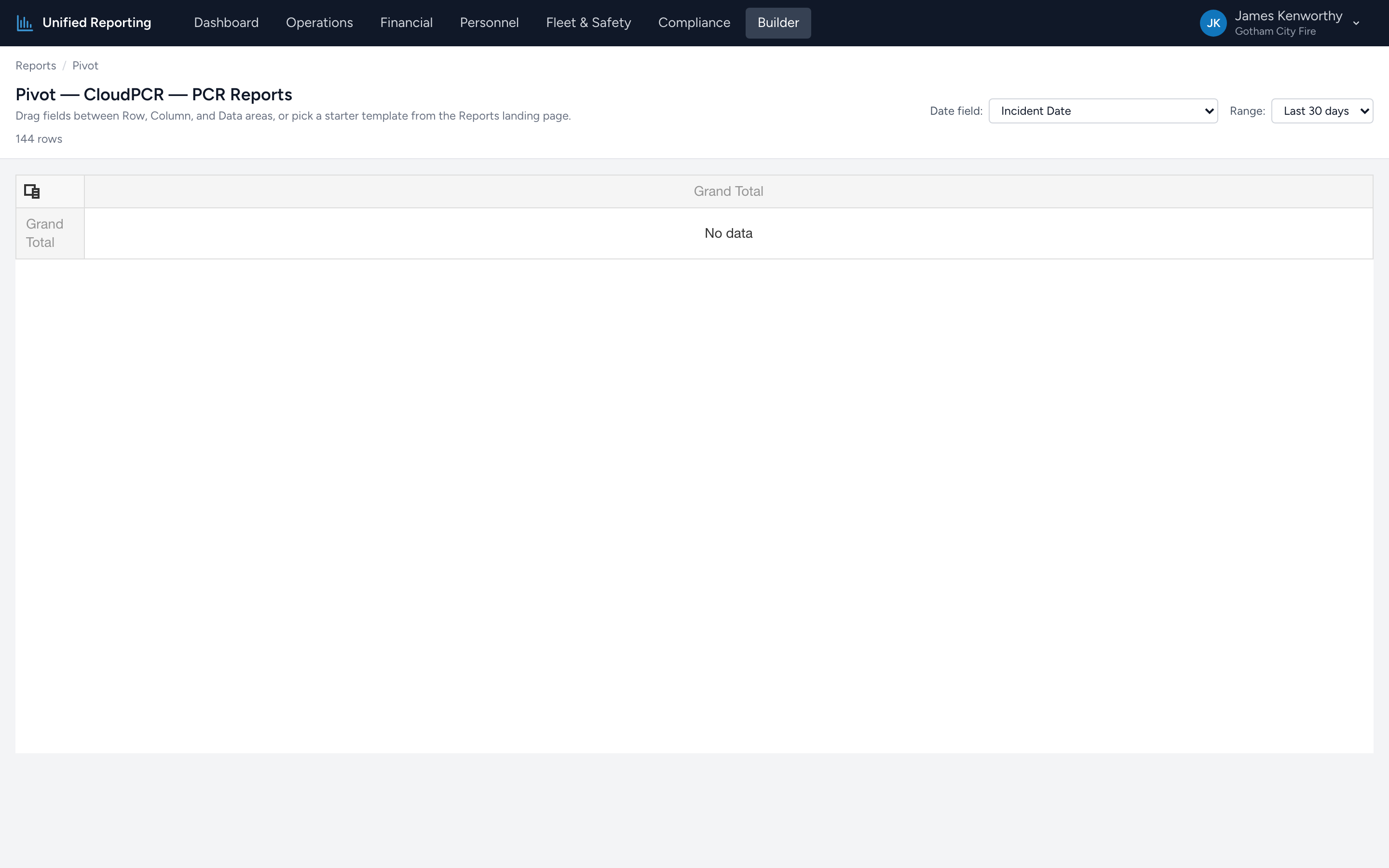 An empty pivot canvas for the PCR Reports source with the Field Chooser visible.