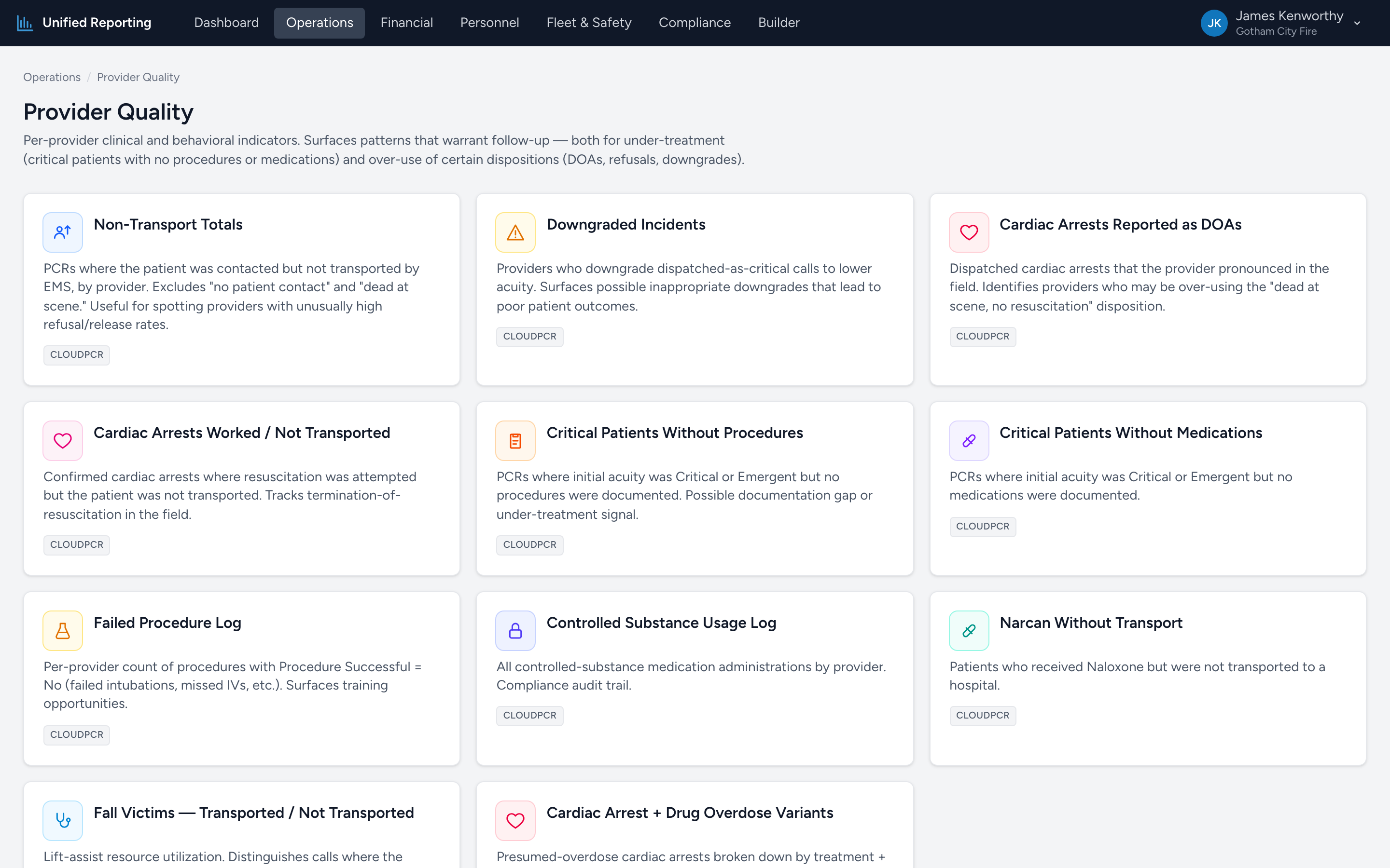 The Provider Quality landing page showing cards for the eleven per-provider reports.