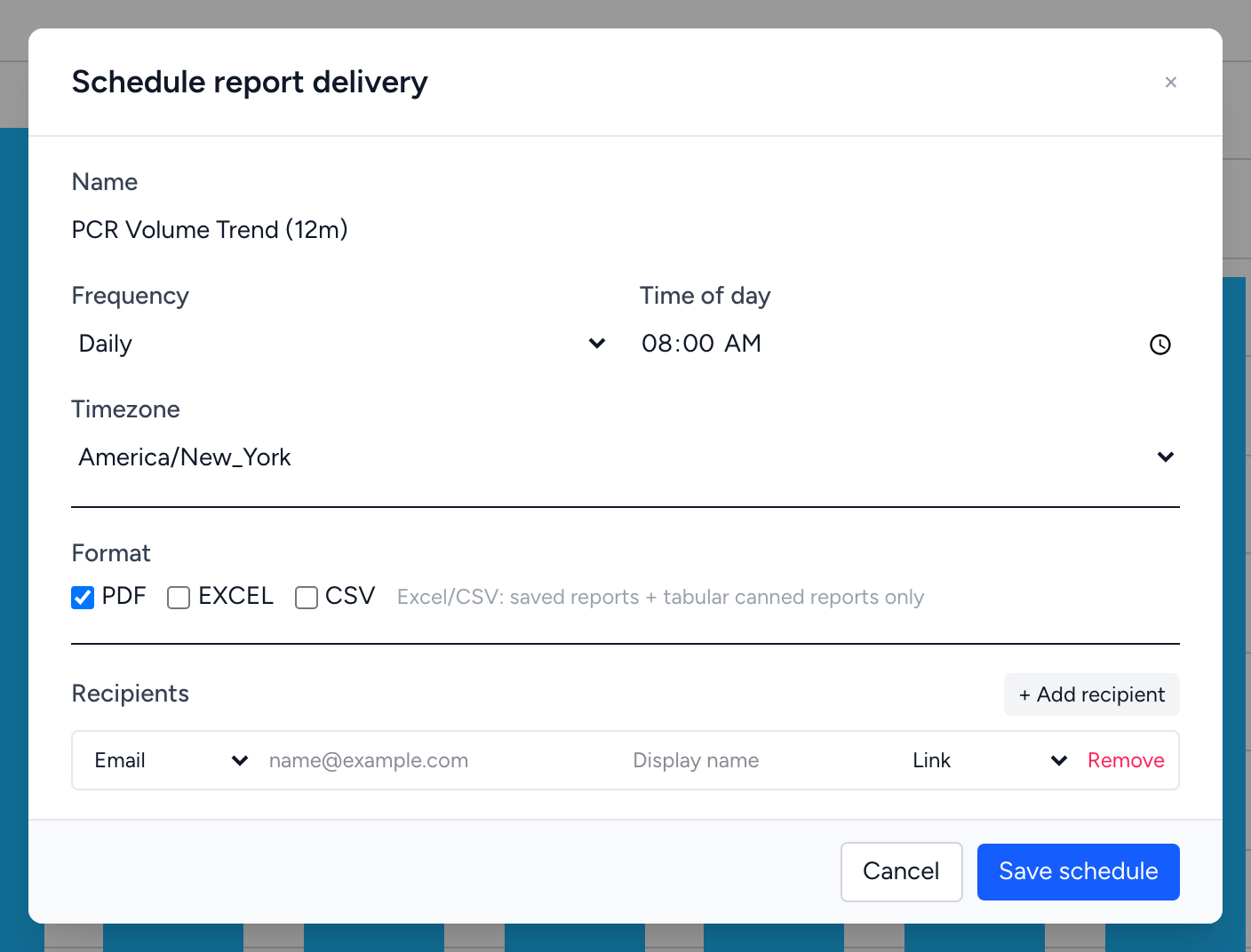 The Schedule report delivery dialog with fields for name, frequency, time, timezone, format, and recipients.