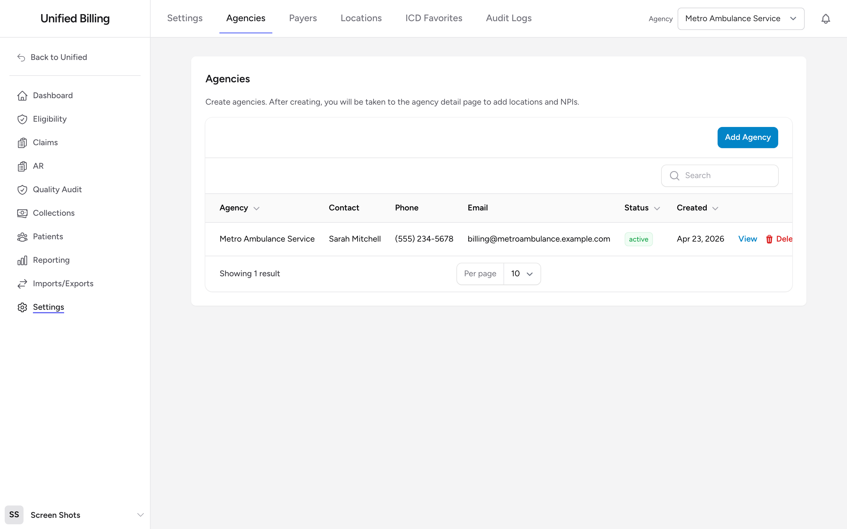 The Agencies settings page with the agencies table and the Add Agency button.