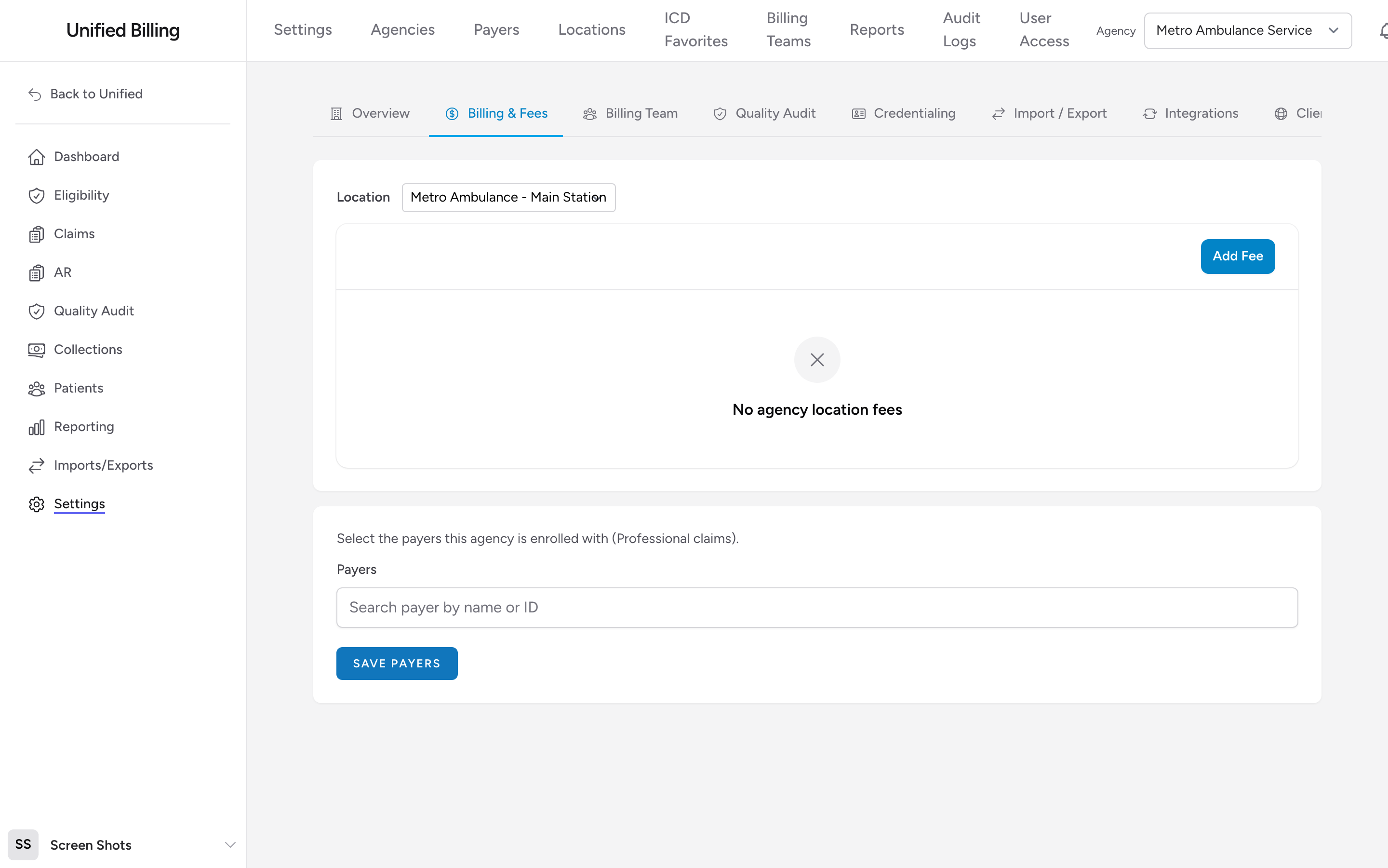 The Billing & Fees tab of an agency with the location picker and fee schedule table.