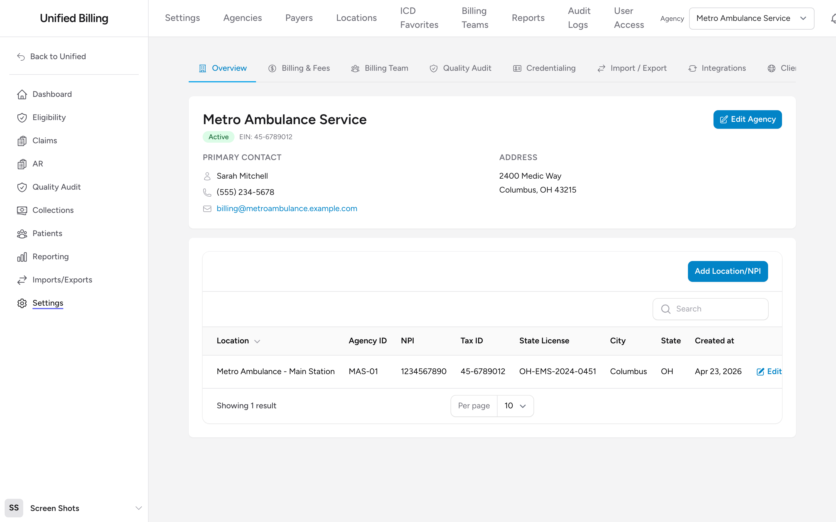 An agency detail page on the Overview tab, showing the tab strip, the Edit Agency button, the contact and address blocks, and the locations table.