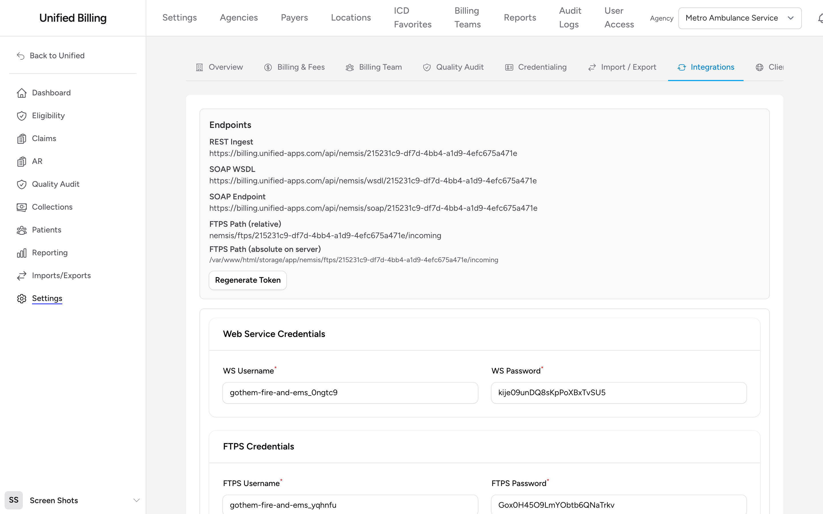 The Integrations tab with the Endpoints panel and the Web Service and FTPS credential sections.