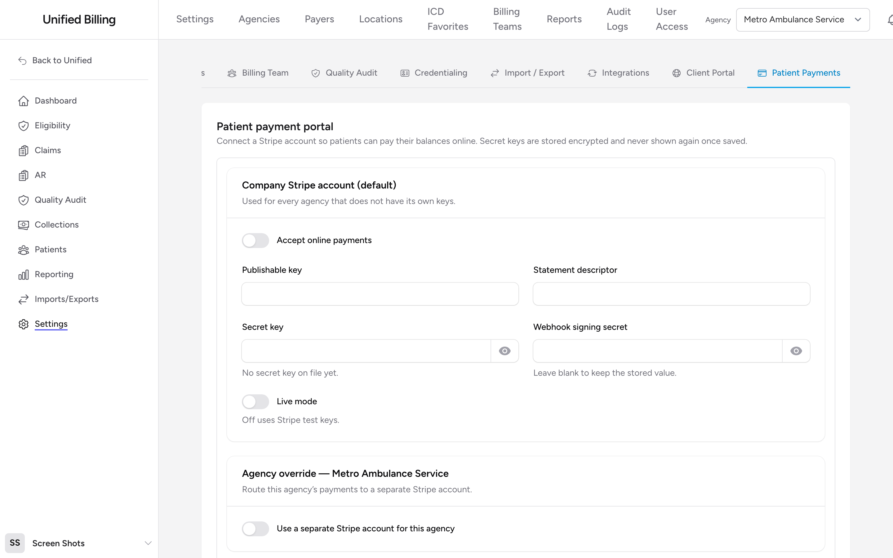 The Patient Payments tab with the Patient payment portal panel and the Save Stripe settings button.