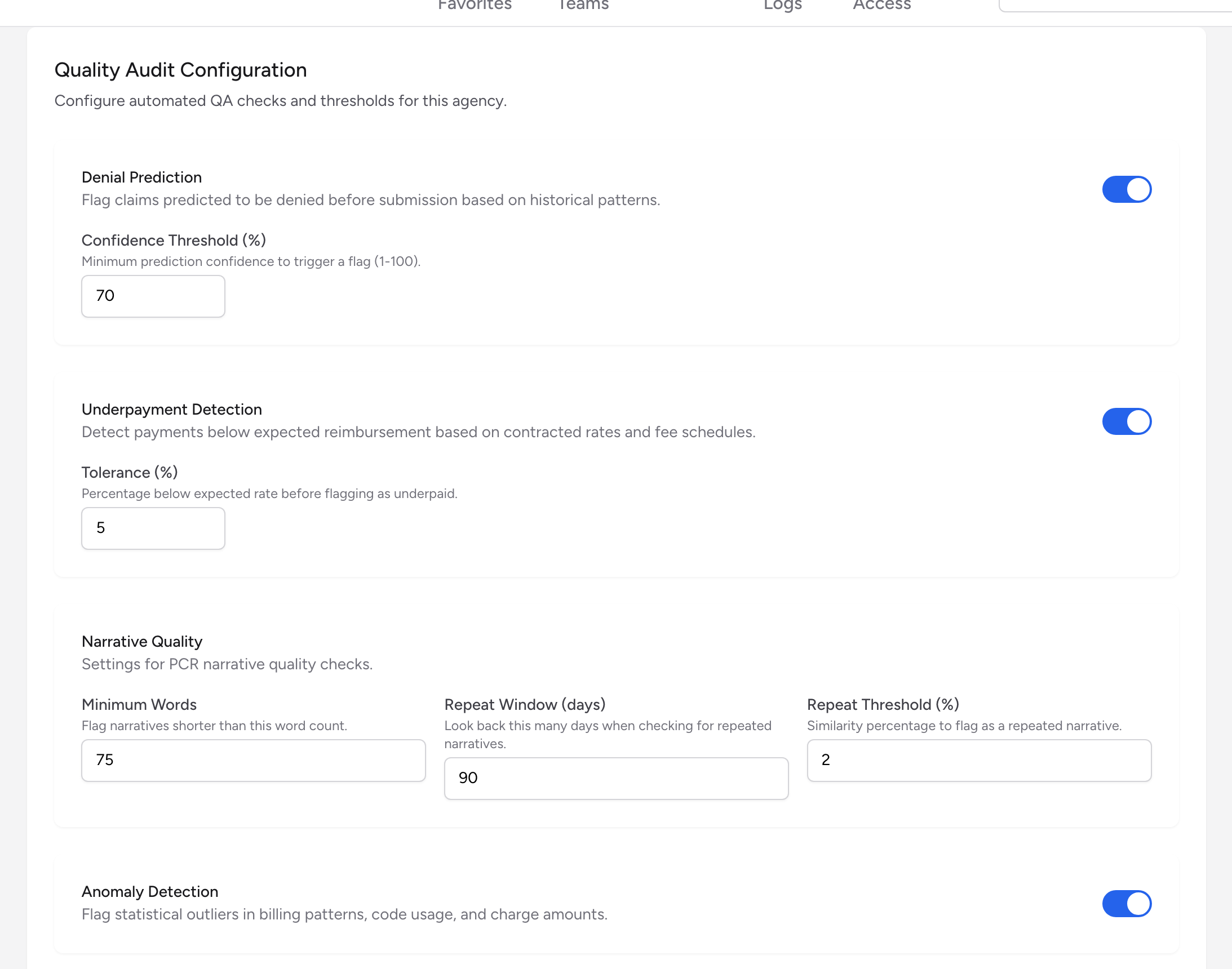The Quality Audit Configuration panel with toggles and thresholds for Denial Prediction, Underpayment Detection, Narrative Quality, and Anomaly Detection.