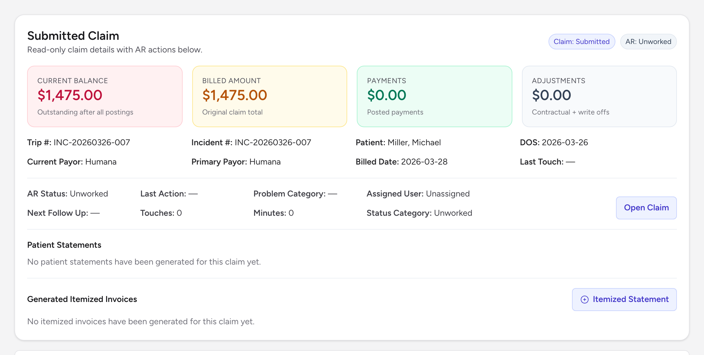 The Submitted Claim summary card with Current Balance, Billed Amount, Payments, and Adjustments, plus the claim's key identifiers.