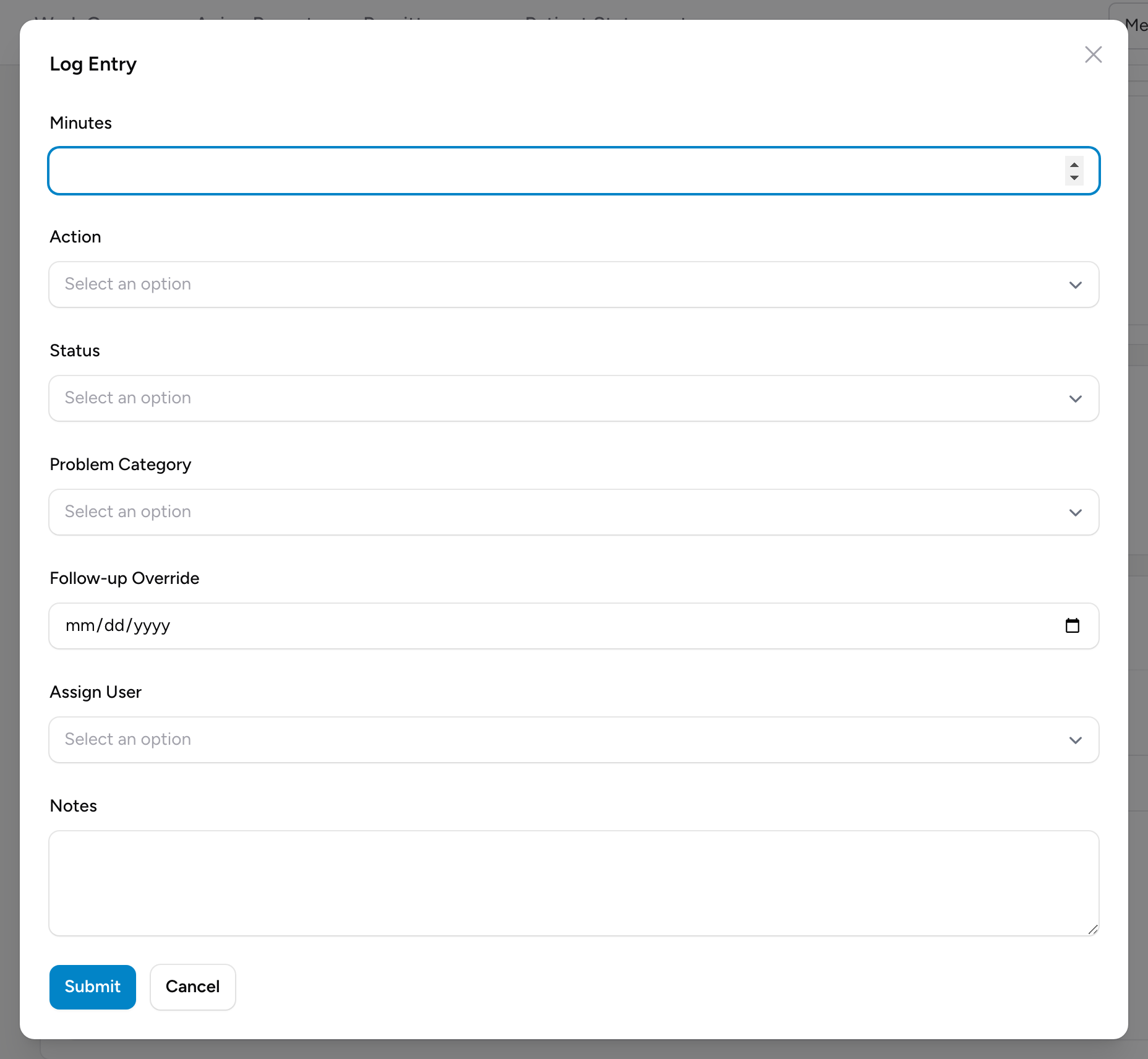 The Log Entry form with Minutes, Action, Status, Problem Category, Follow-up Override, Assign User, and Notes fields.
