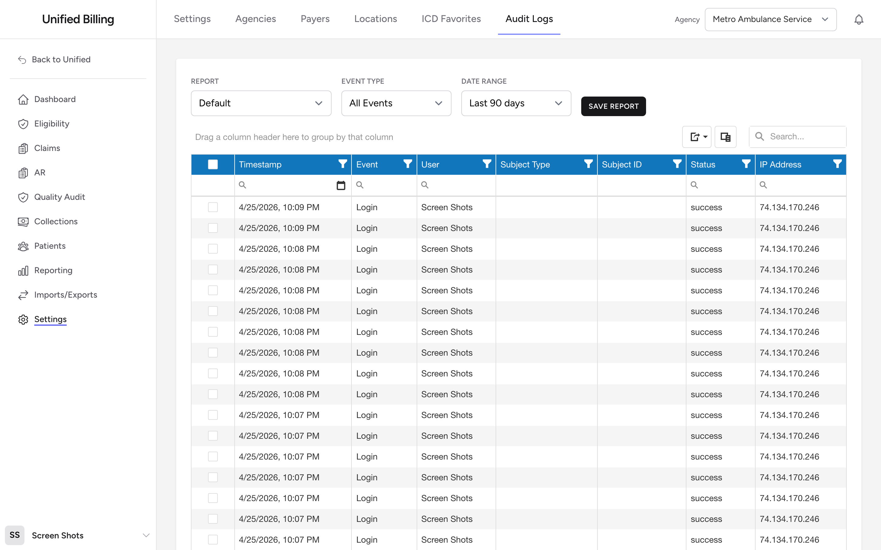 The Audit Logs settings page with the Report dropdown, Event Type filter, Date Range picker, and the audit grid.