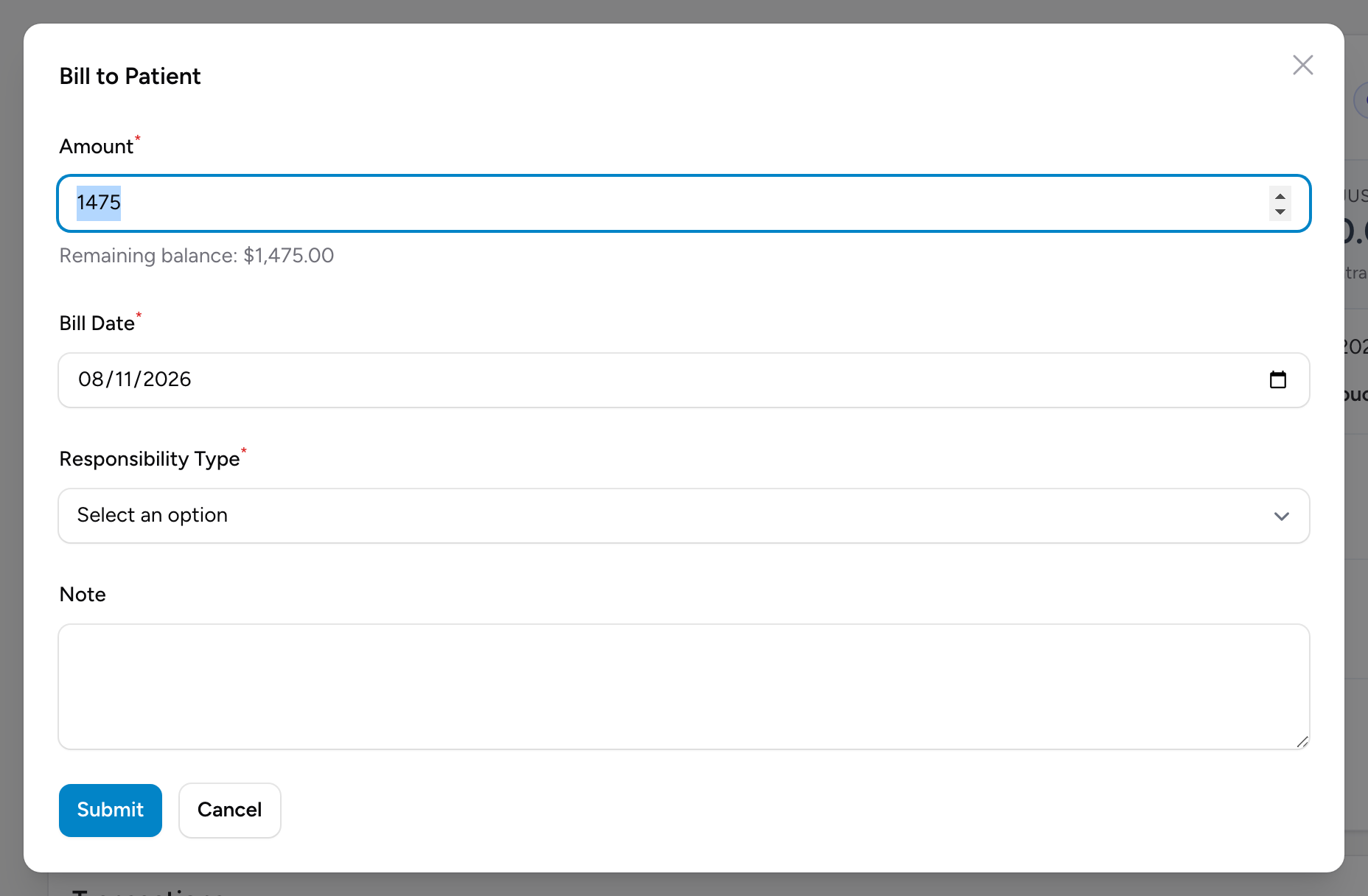 The Bill to Patient form with Amount, Bill Date, Responsibility Type, and Note fields.