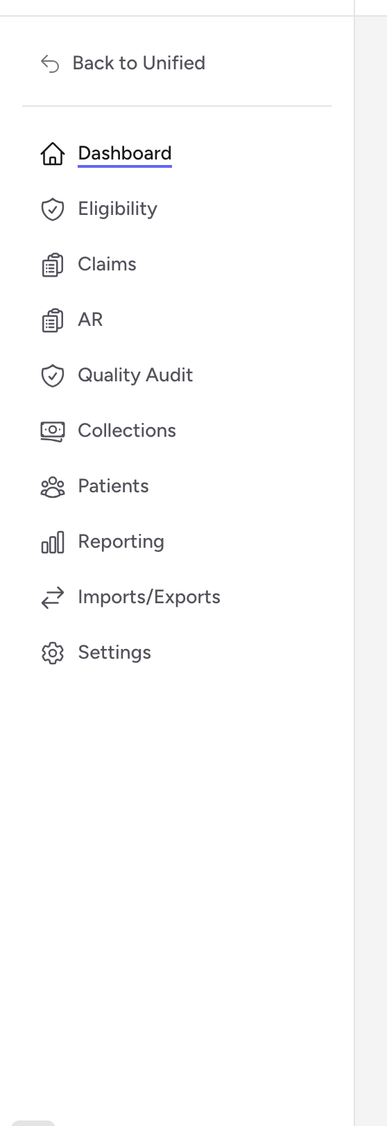 The Billing left sidebar showing Dashboard, Eligibility, Claims, AR, Quality Audit, Collections, Patients, Reporting, Imports/Exports, and Settings.