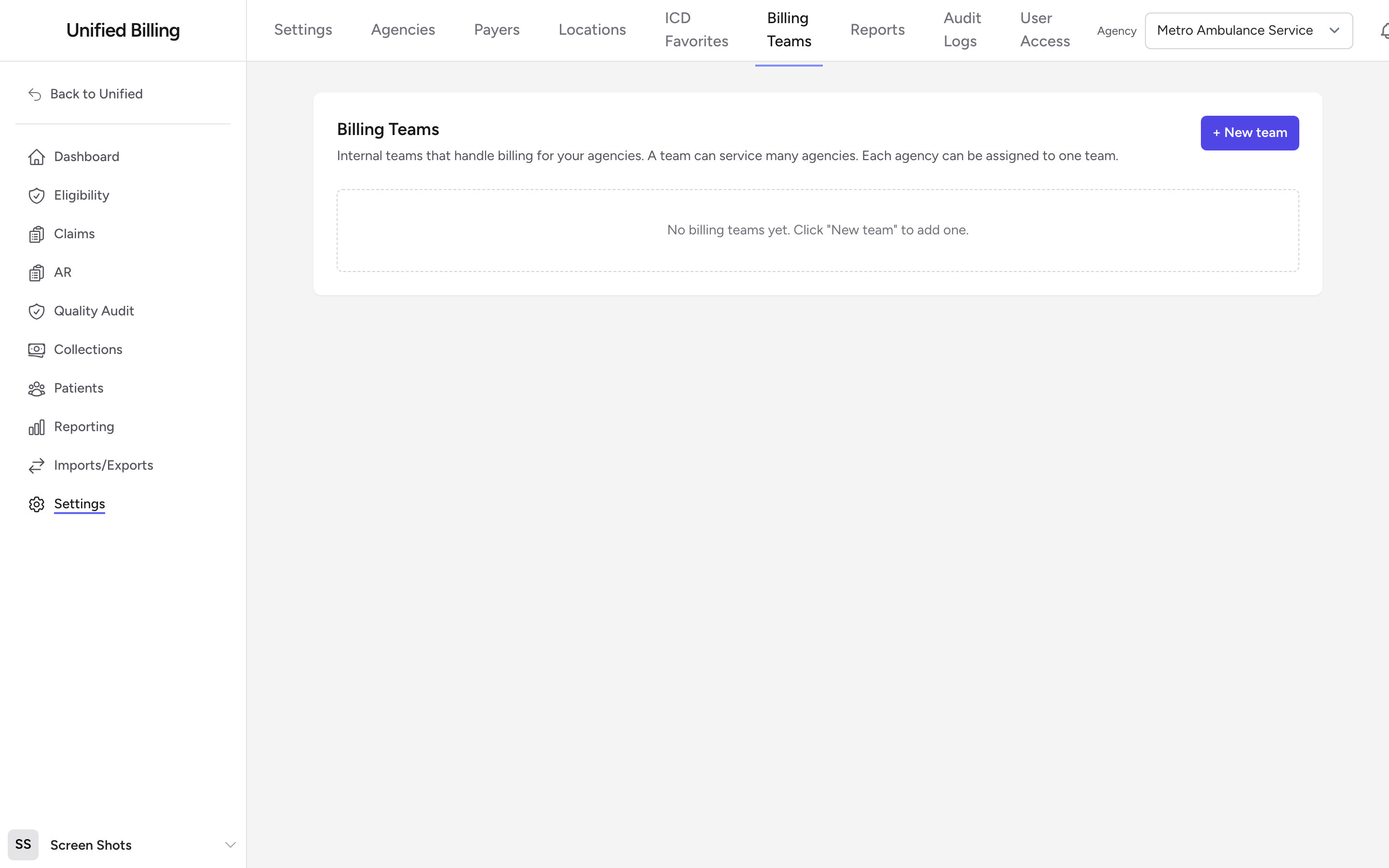 The Billing Teams settings page with the + New team button and the list of existing teams.