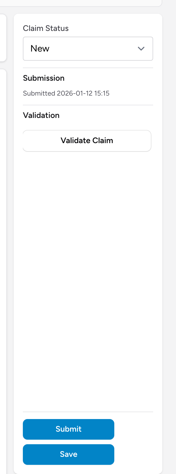 The right-hand panel of a claim, with the Claim Status dropdown, the Submission panel, and the Submit button.