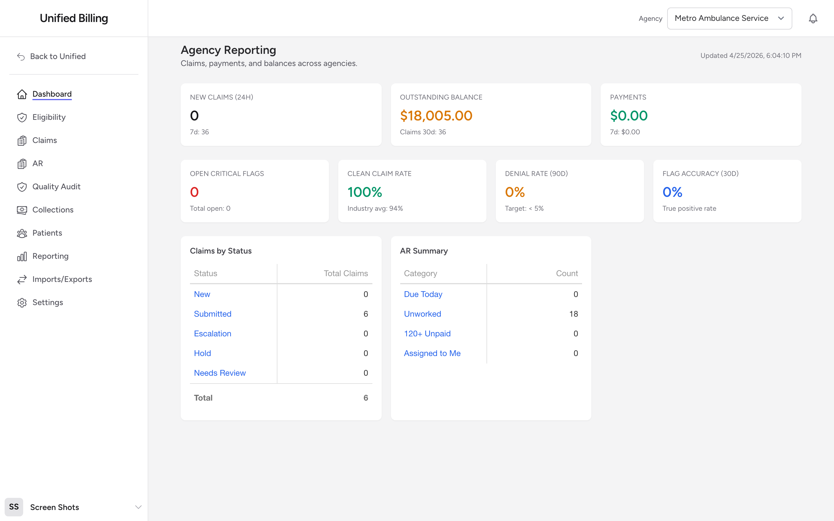 The Claims by Status grid on the Billing dashboard with rows for each status and a count next to each.