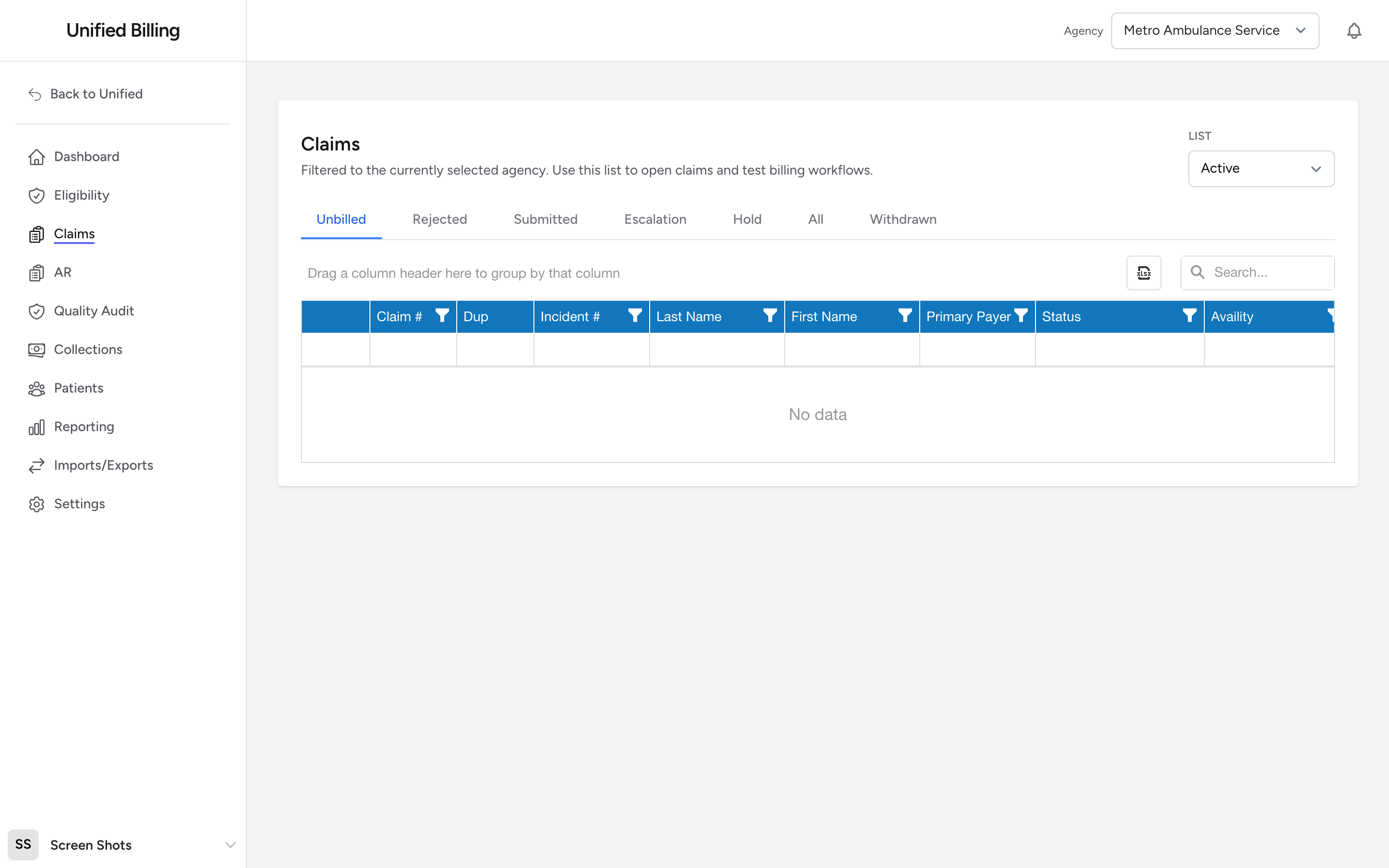 The claims list with status tabs above the grid, the List dropdown, and the Transmit and New Manual Claim buttons.
