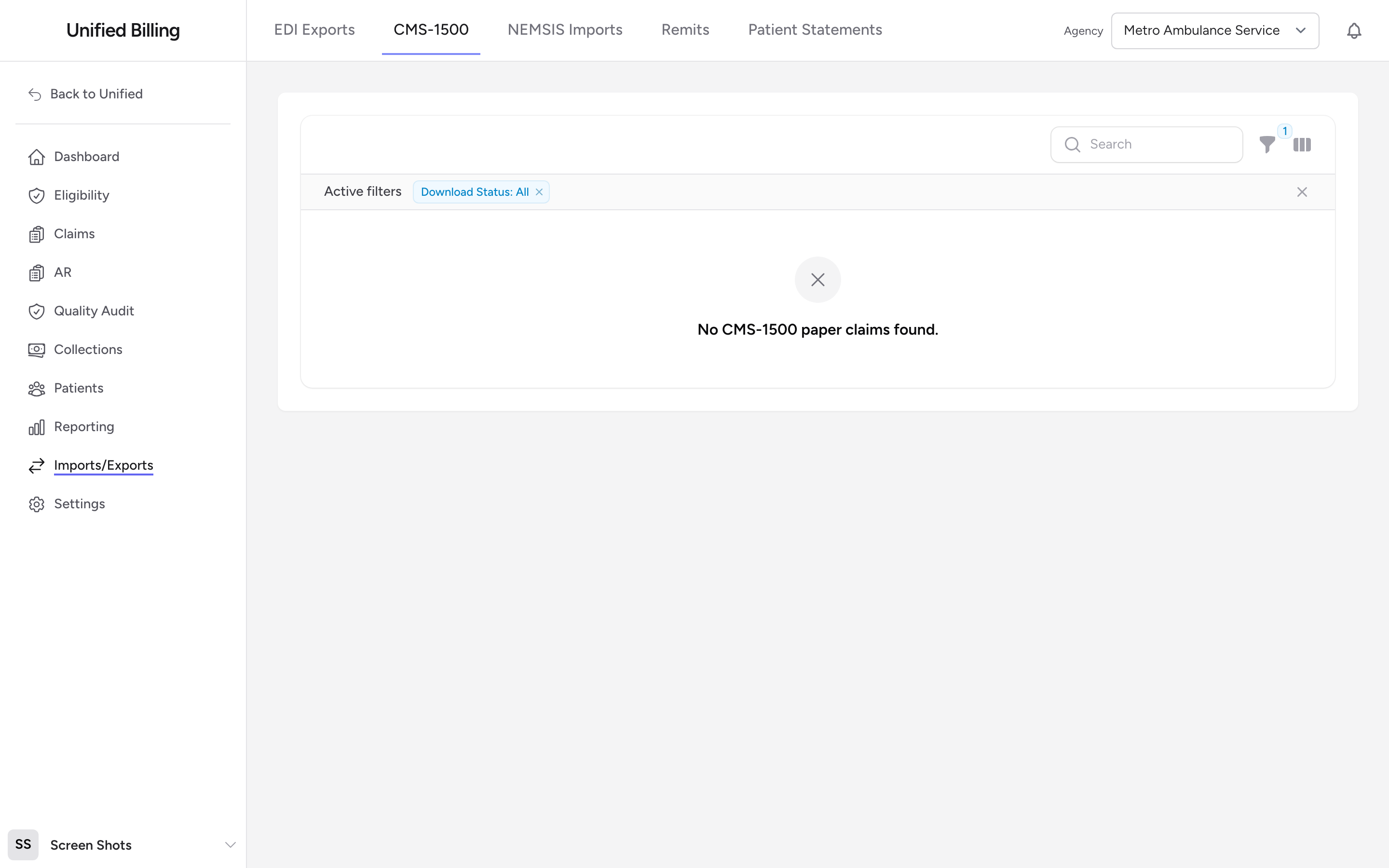 The CMS-1500 Paper Claims page with download status filter and a list of paper-claim PDFs.