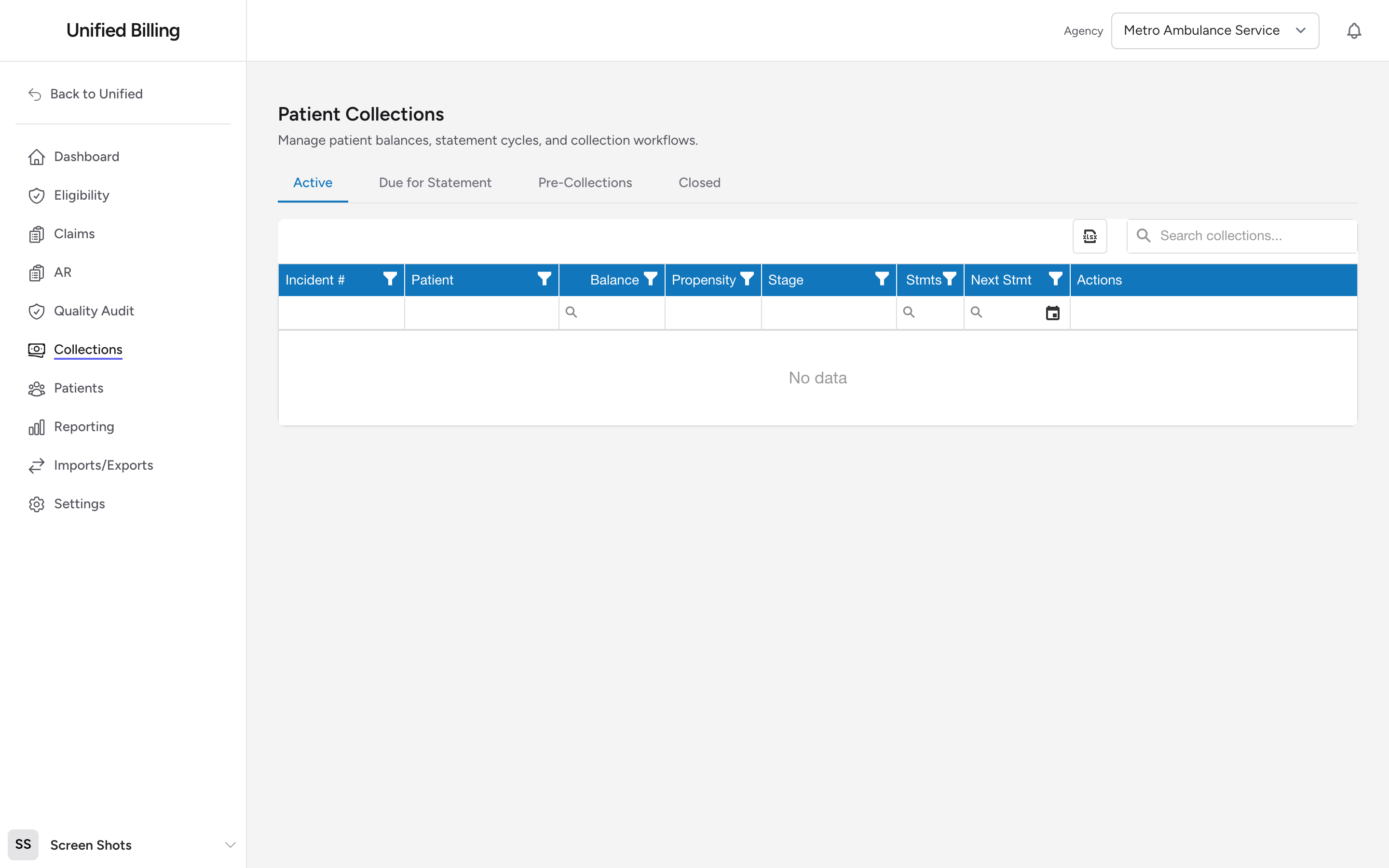 The Patient Collections work queue with tabs for Active, Due for Statement, Pre-Collections, and Closed.