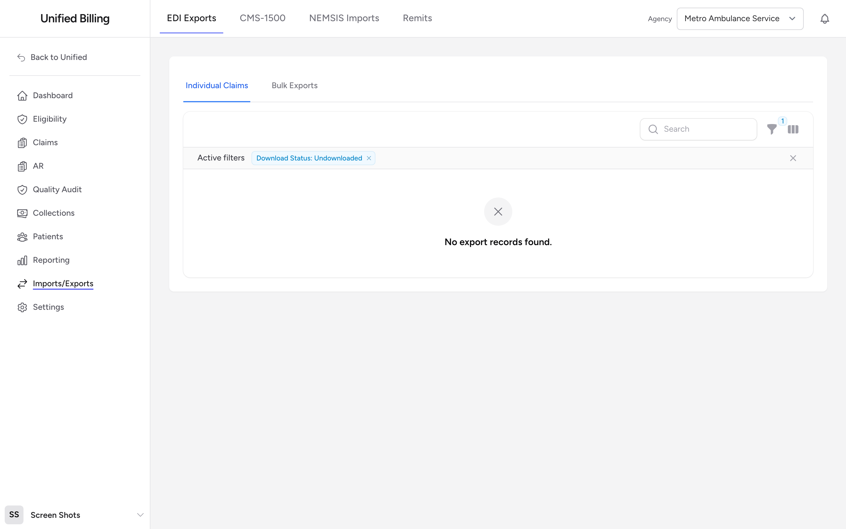 The EDI Exports page showing the Individual Claims tab with status badges and download actions.