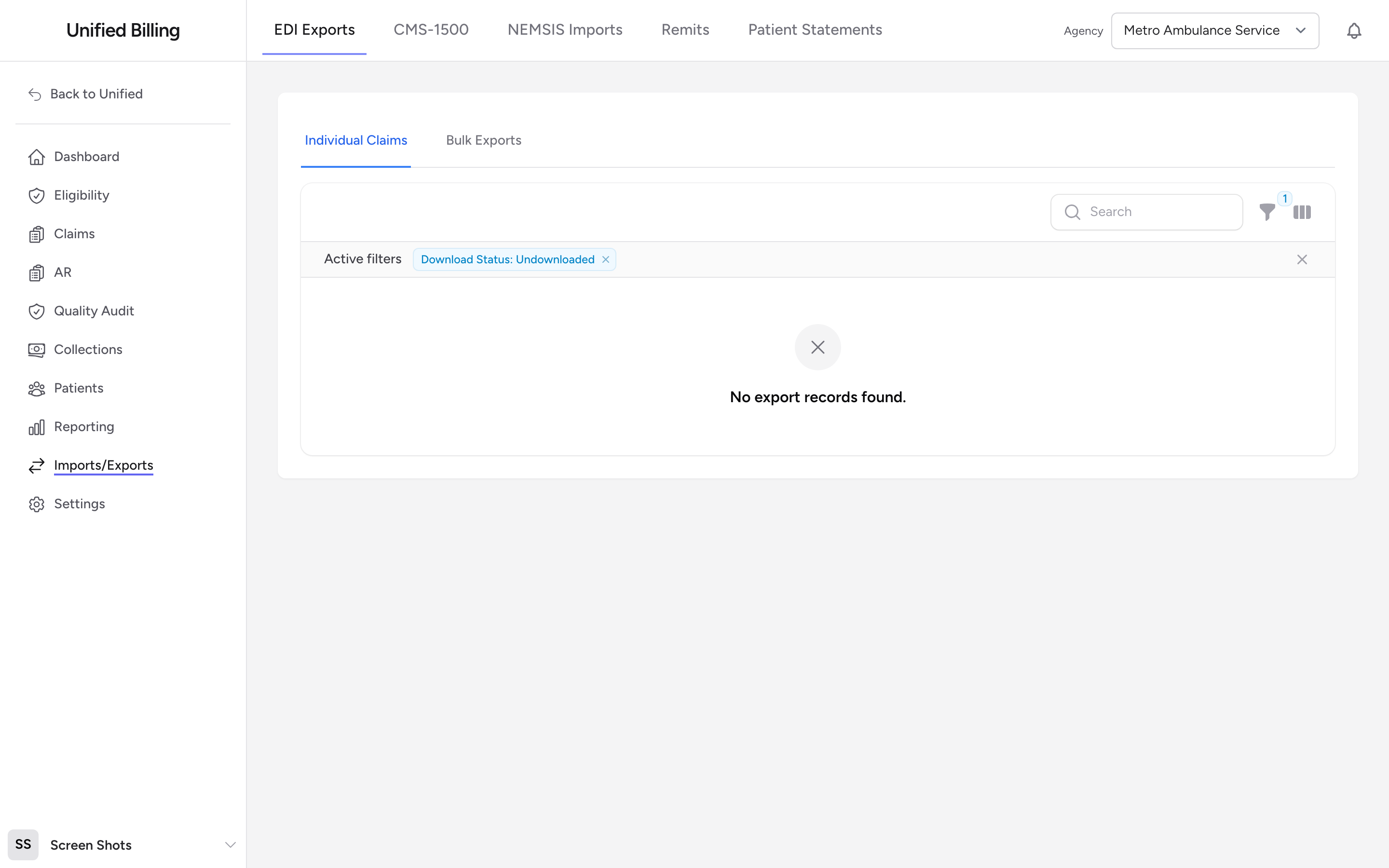 The EDI Exports page that tracks every batch you have downloaded, broken into Individual Claims and Bulk Exports tabs.