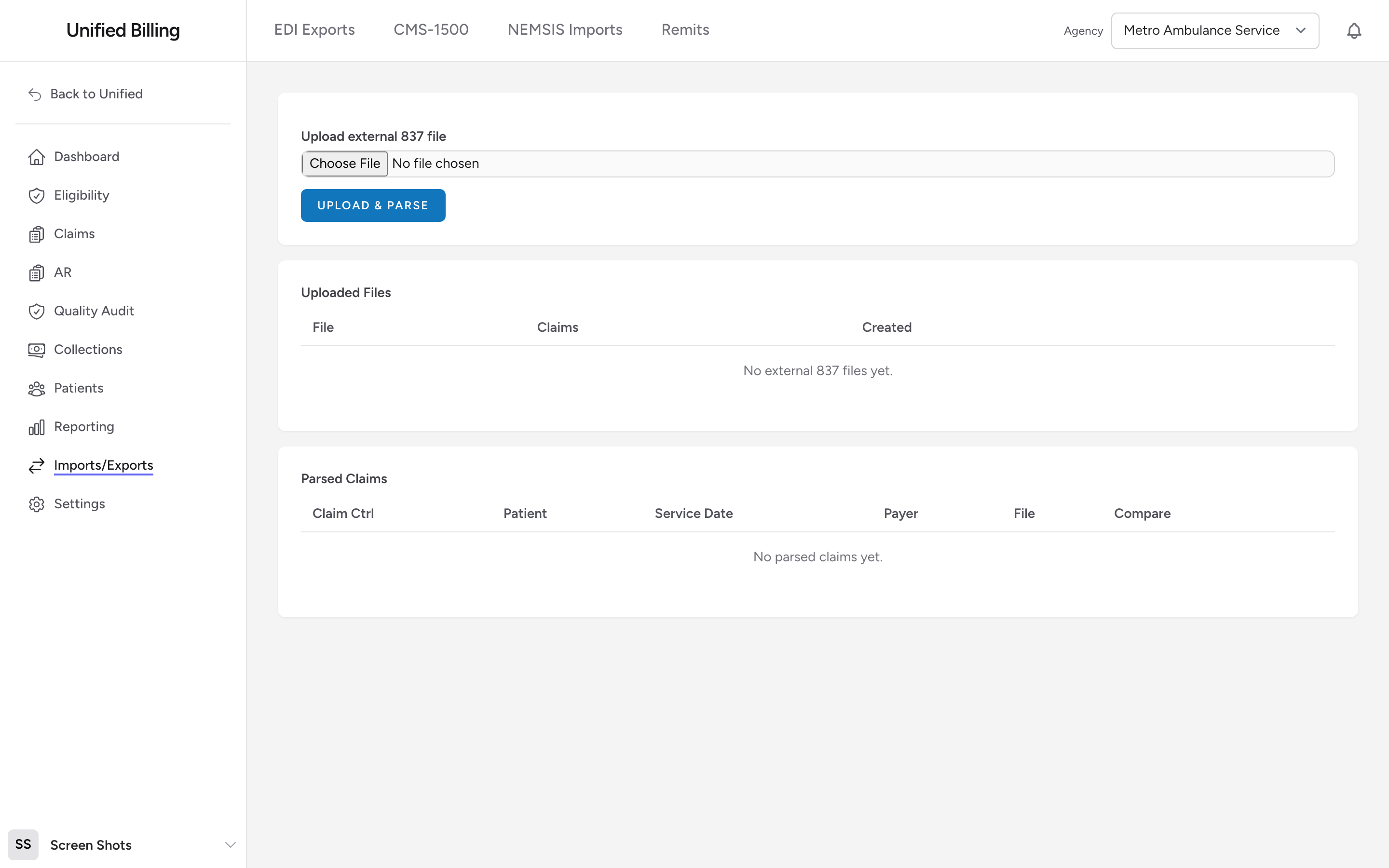 The External 837 Imports page with the upload field and the Uploaded Files and Parsed Claims tables.