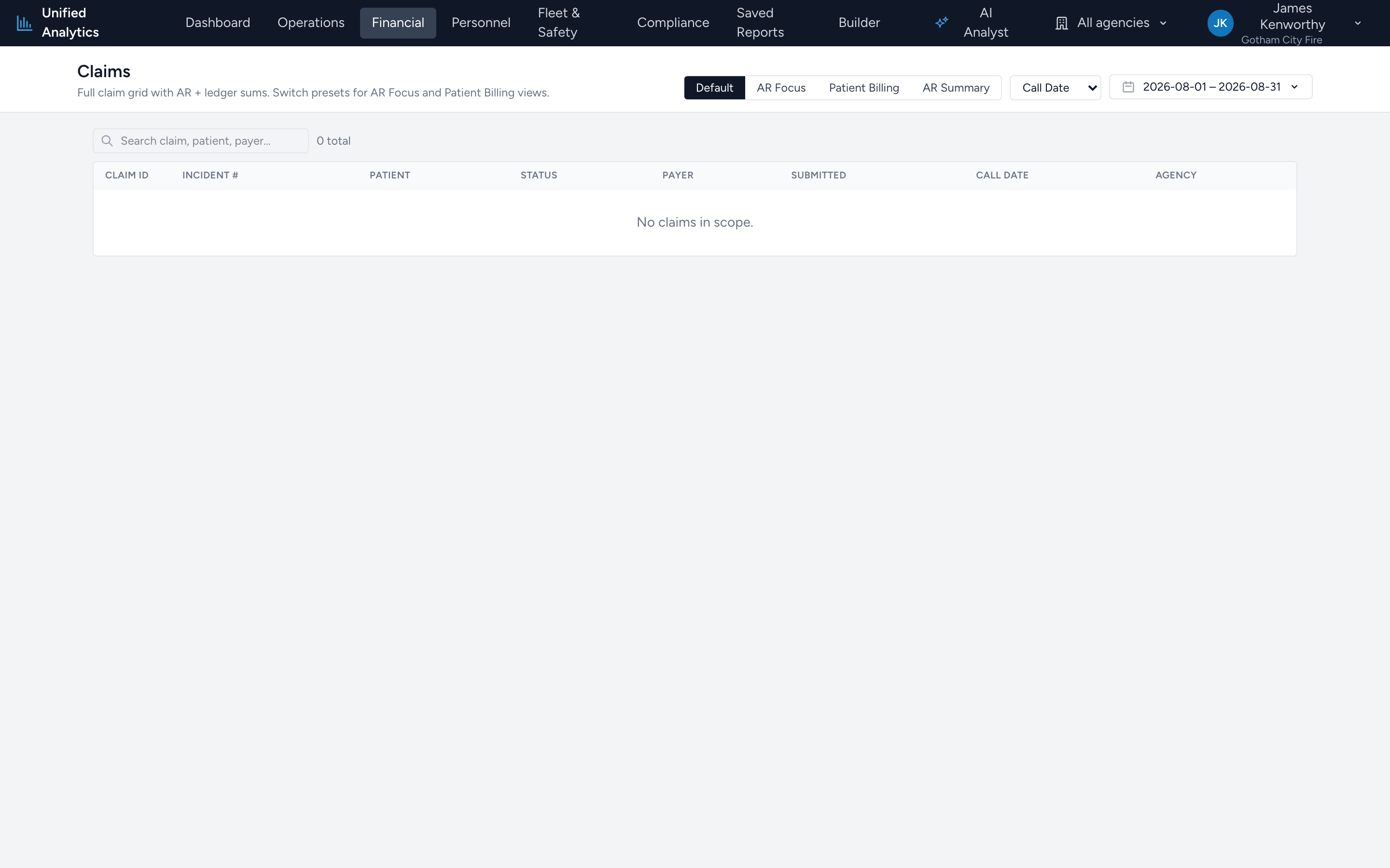 The Claims report with view buttons, the date field dropdown, the date range picker, and the claims grid below.
