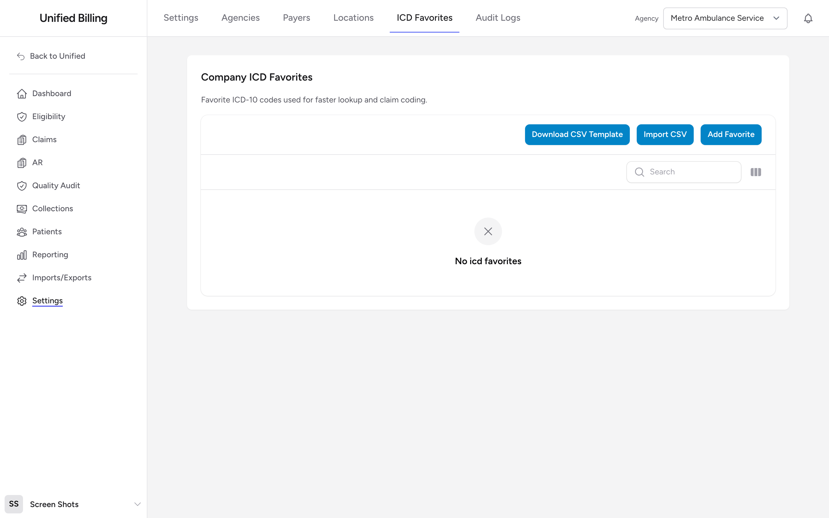 The ICD Favorites settings page with the favorites table, Add Favorite button, and CSV import controls.