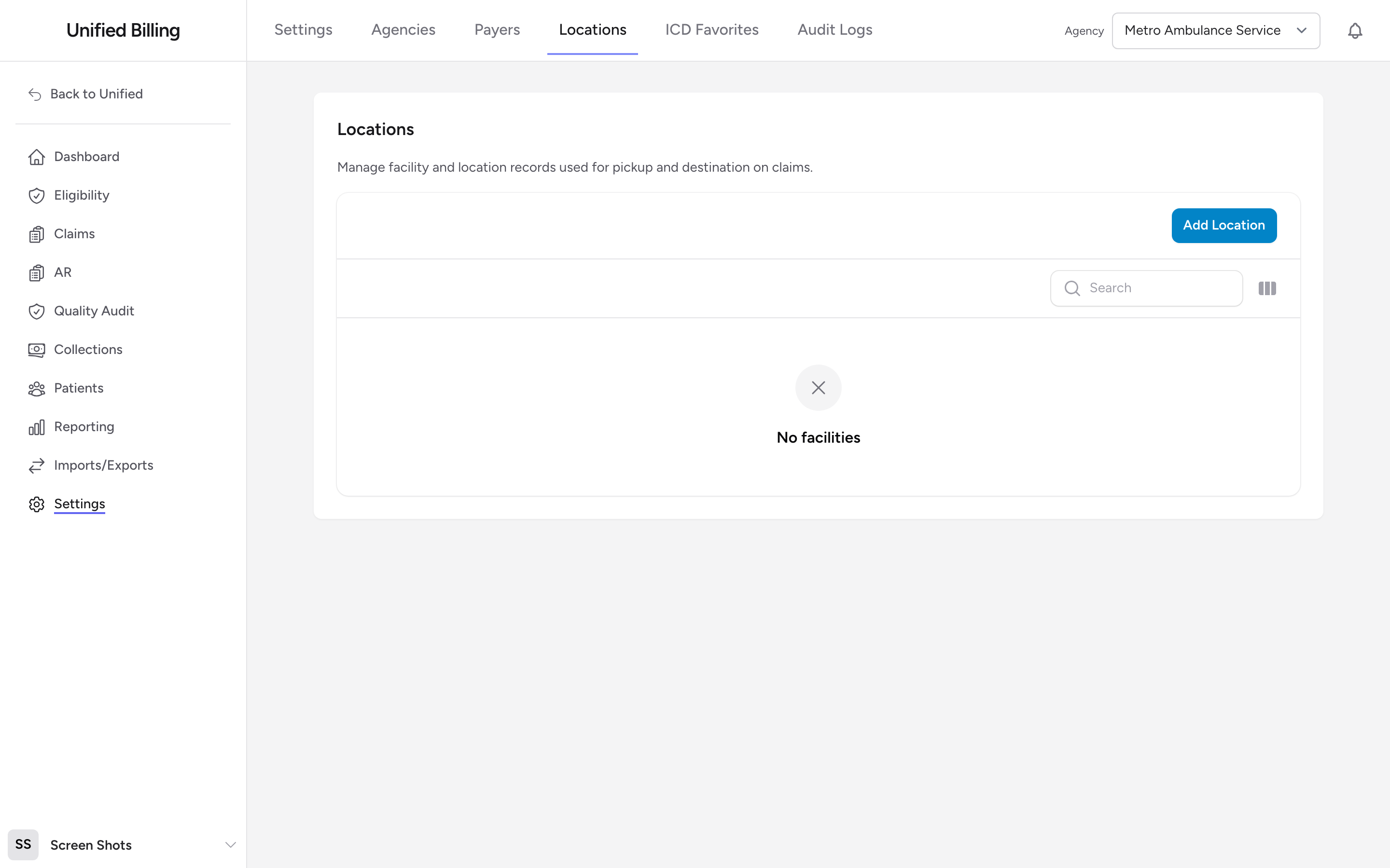 The Locations settings page where billing locations are managed for each agency.
