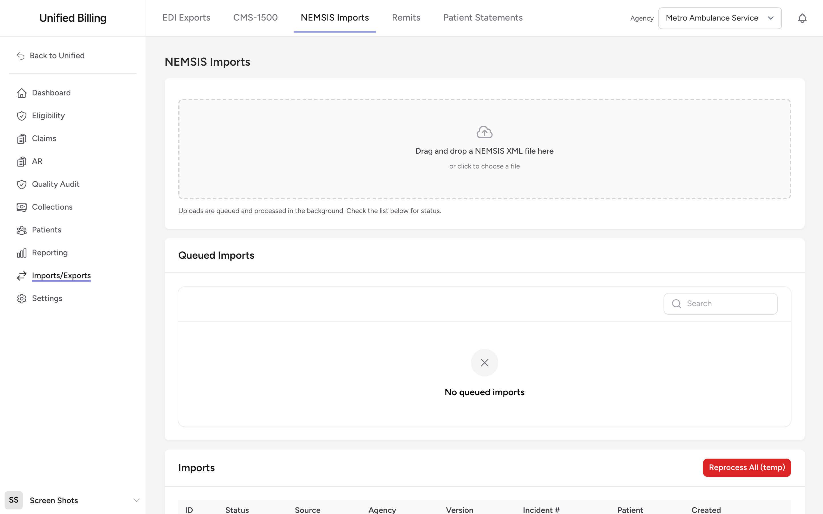 The NEMSIS Imports page with the drag-and-drop upload area and the Queued Imports and Imports tables.