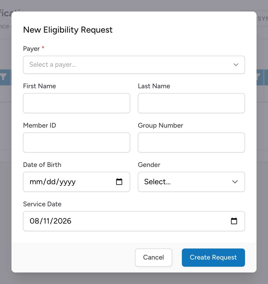 The New Eligibility Request form with payer, subscriber, and service date fields.