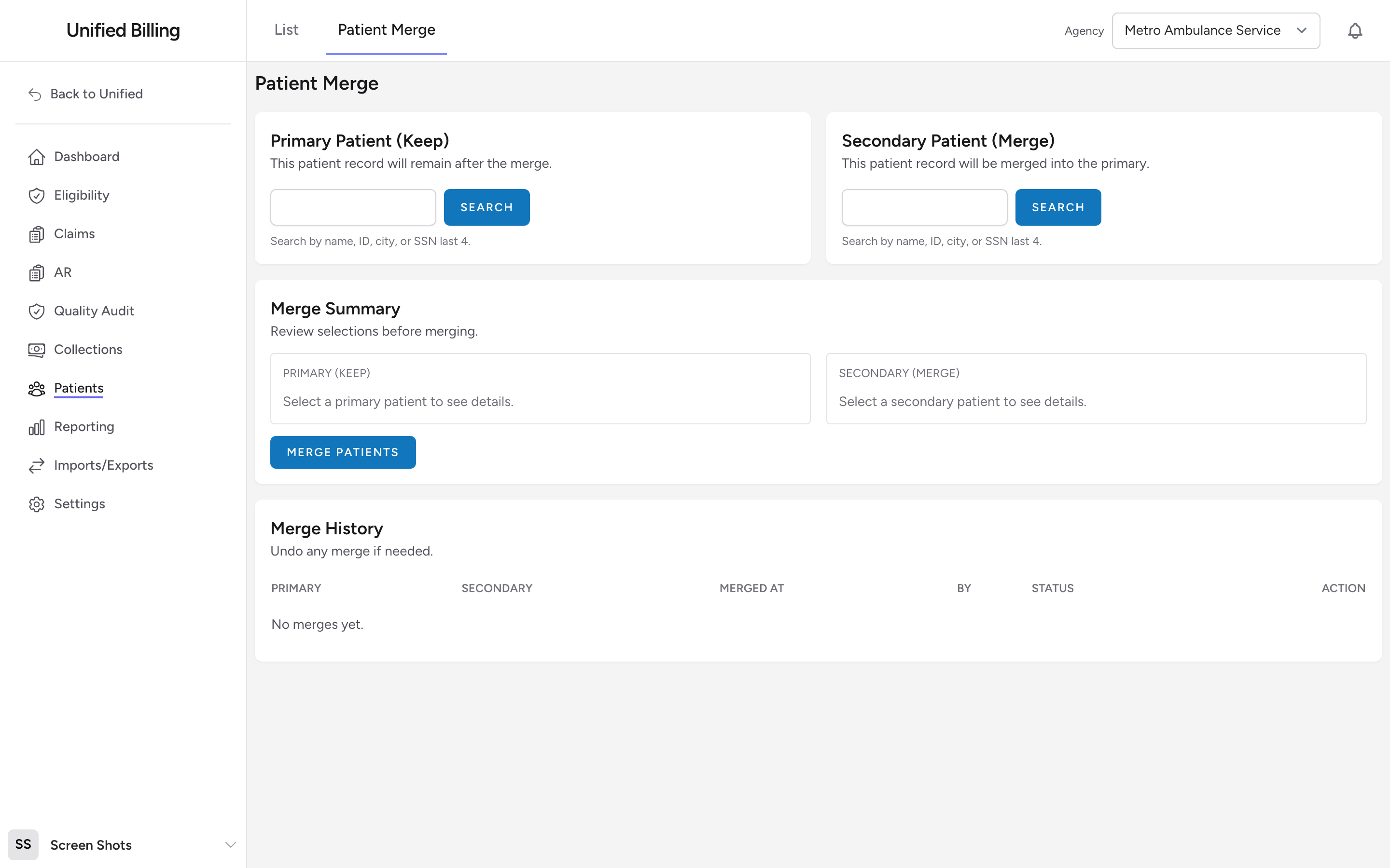 The Patient Merge page with Primary Patient (Keep) and Secondary Patient (Merge) panes side by side and a Merge History section.