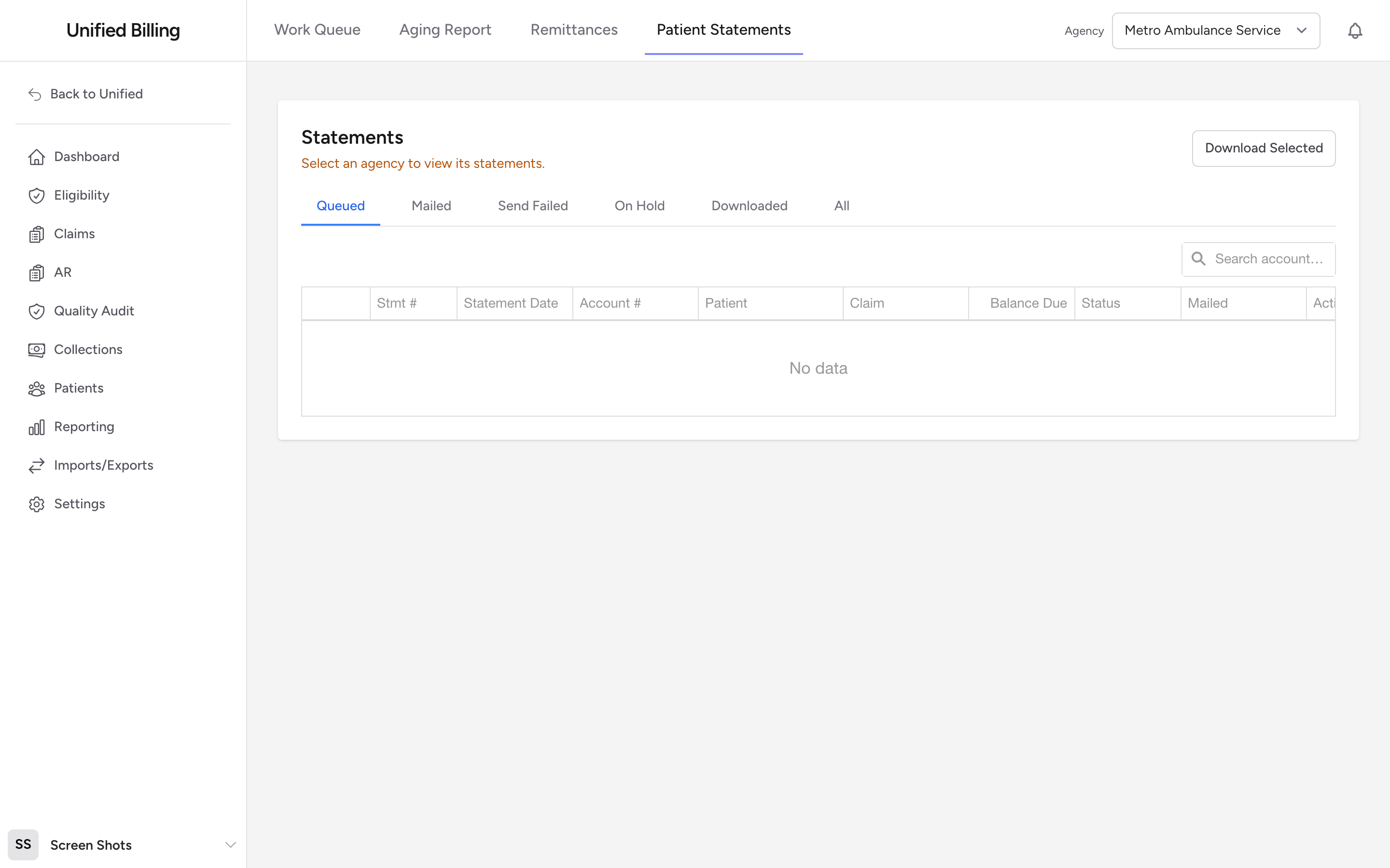 The Patient Statements page with the Generate Statements button, the status tabs, and the list of statements.