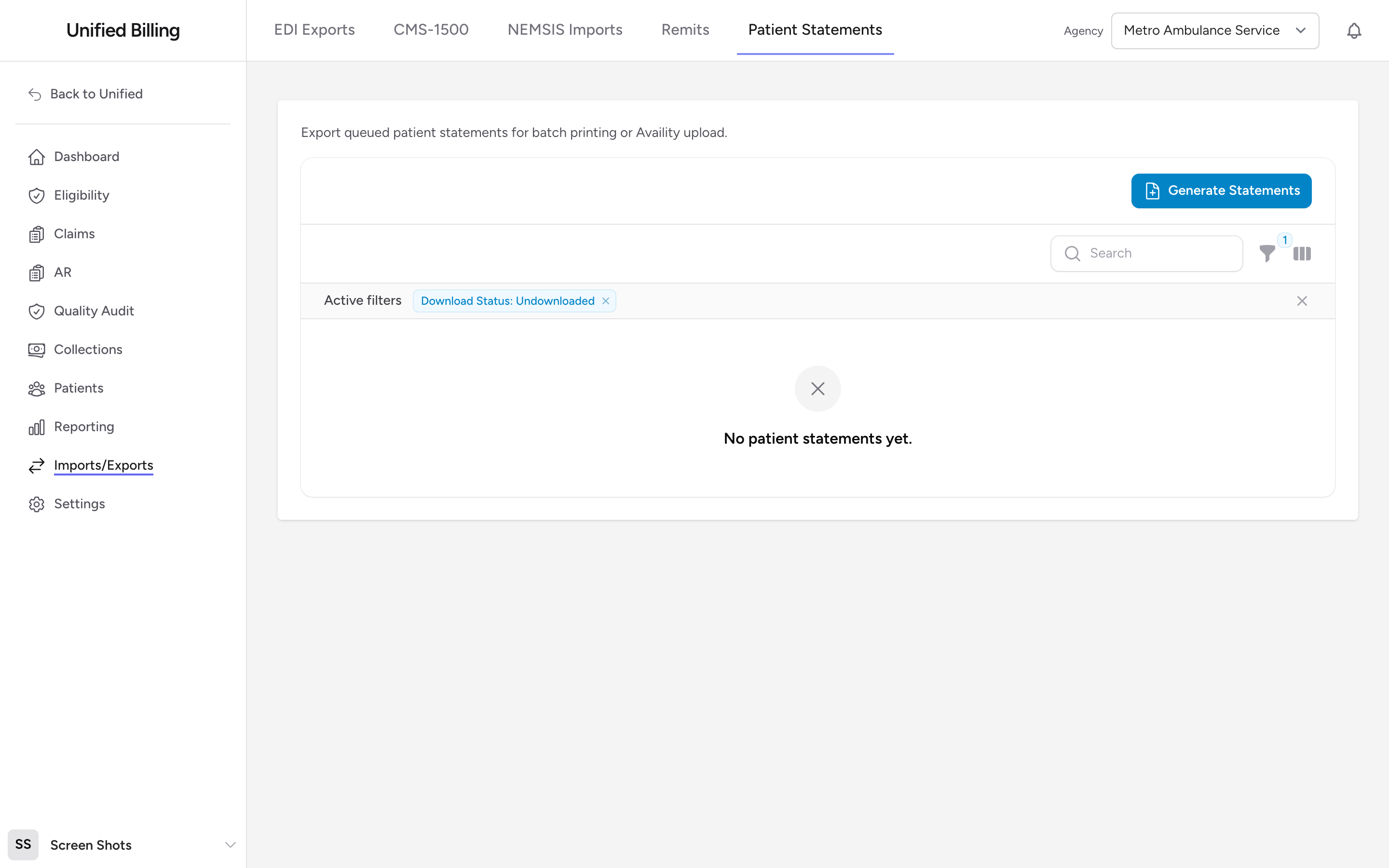 The Patient Statements page with the Generate Statements button and the list of generated statements.