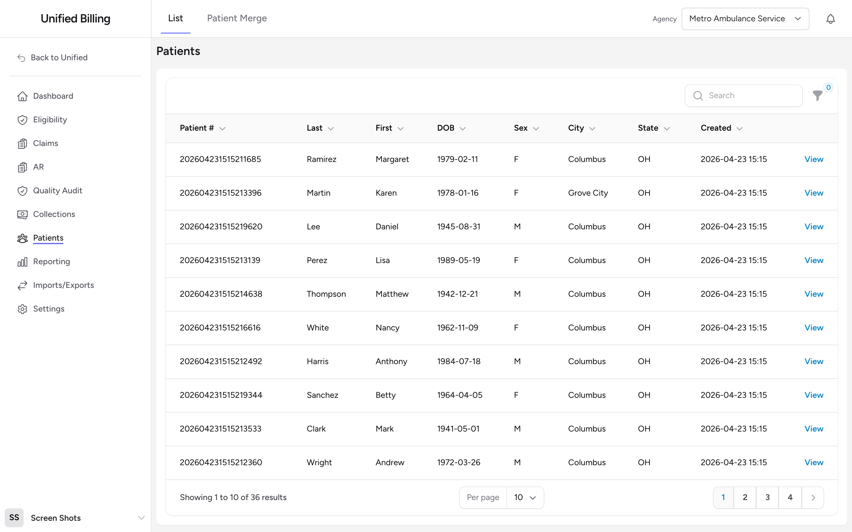 The Patients page with the search box and grid showing Patient #, Last, First, DOB, Sex, City, State, and Created columns.
