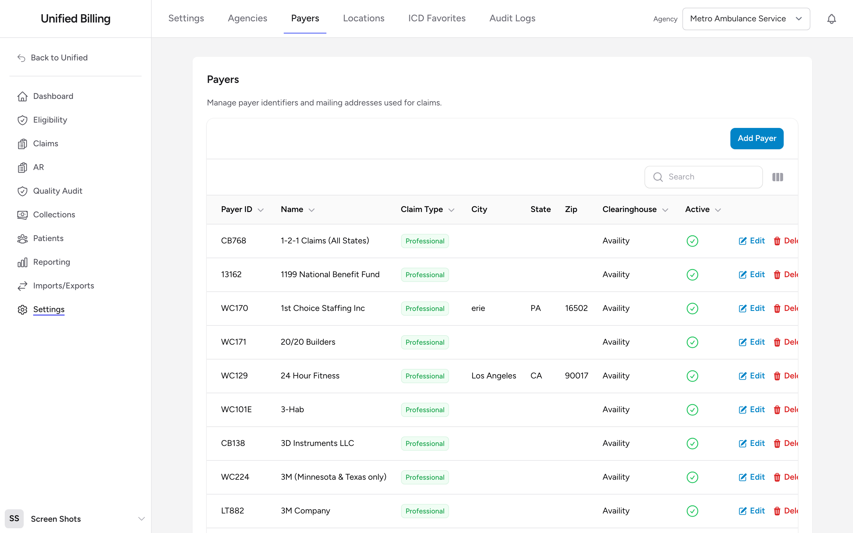 The Payers settings page with the payer table and Add Payer button.