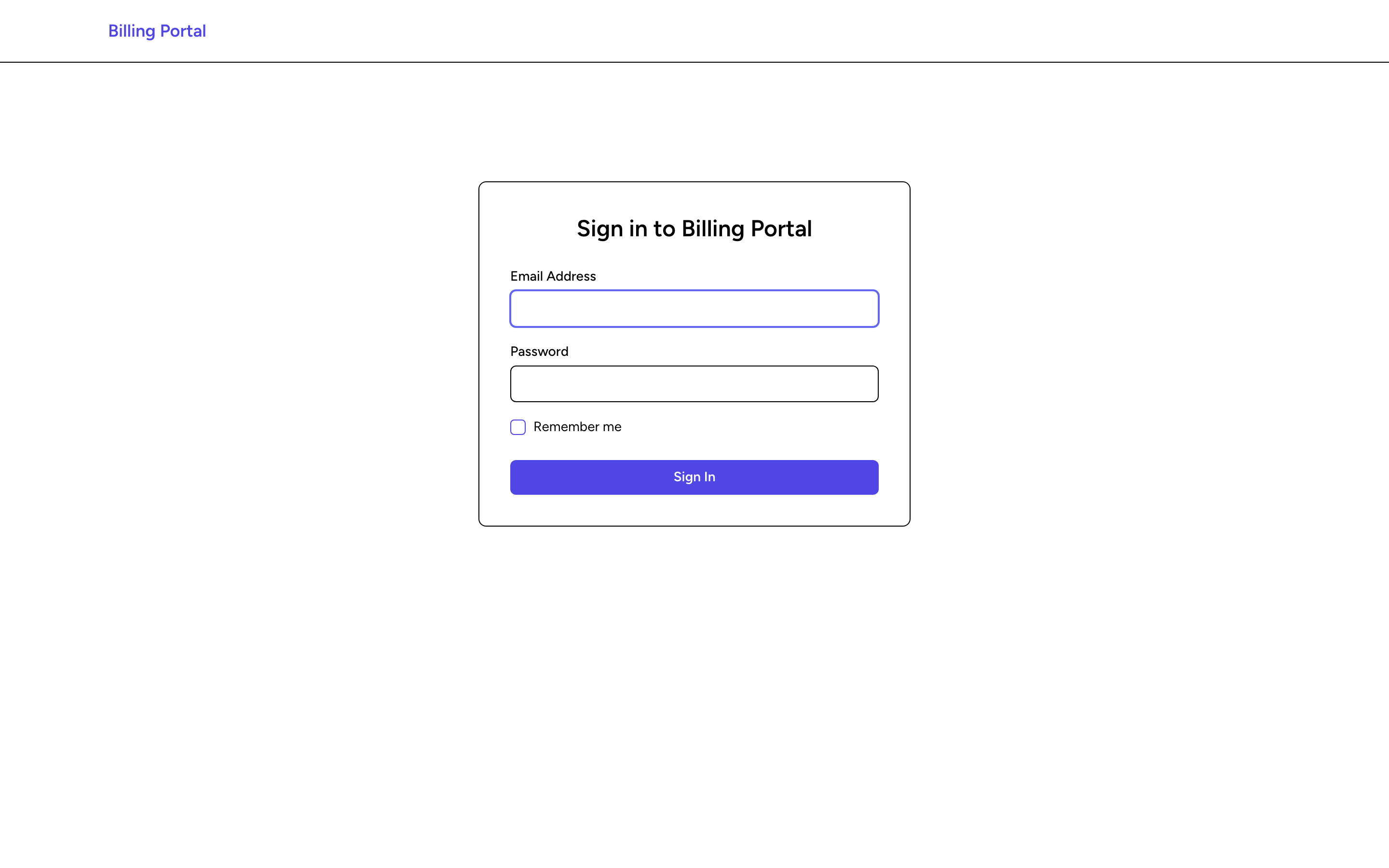 The Billing Portal sign-in page with email and password fields.