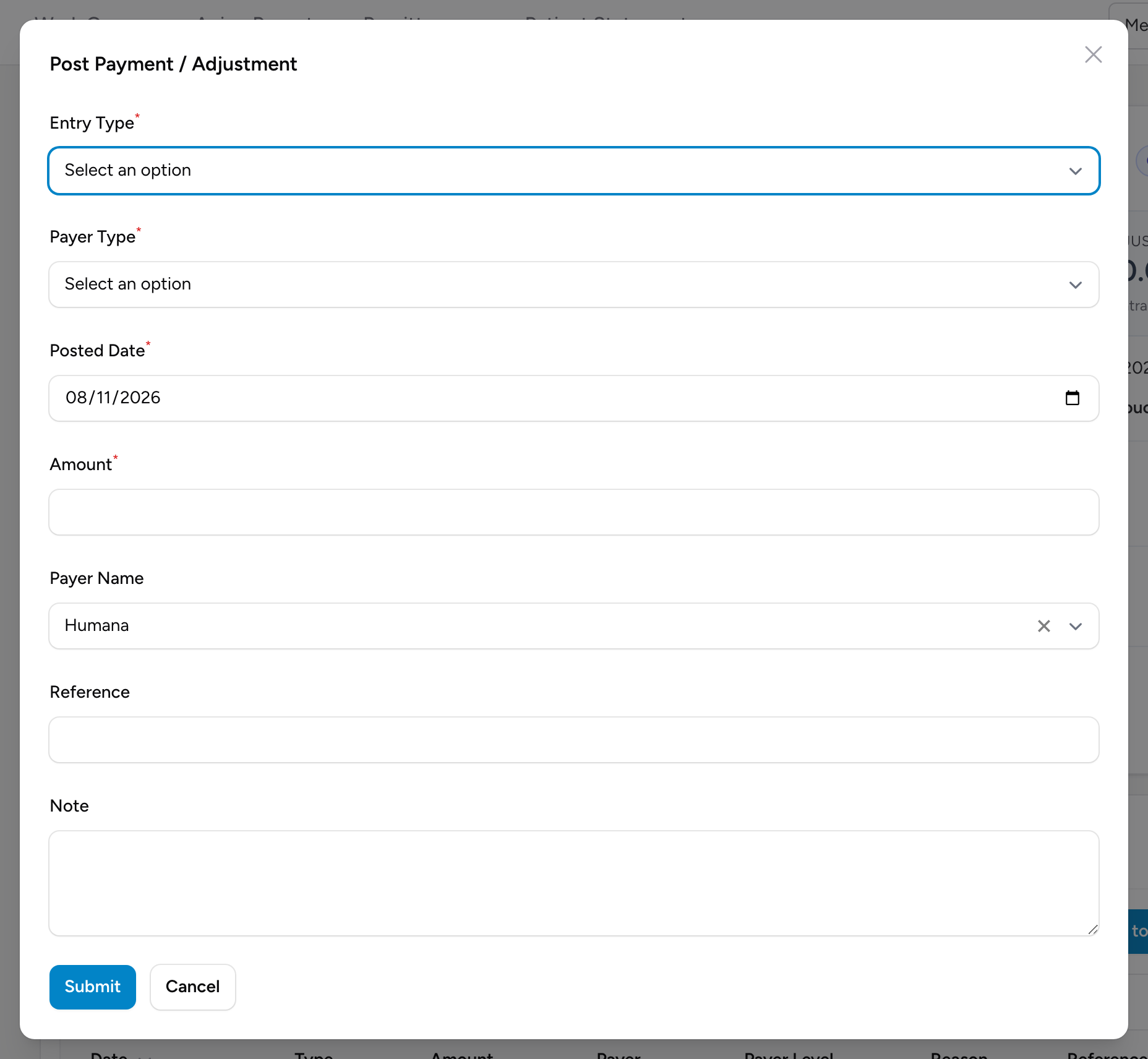 The Post Payment / Adjustment form with Entry Type, Payer Type, Posted Date, Amount, Payer Name, Reference, and Note fields.