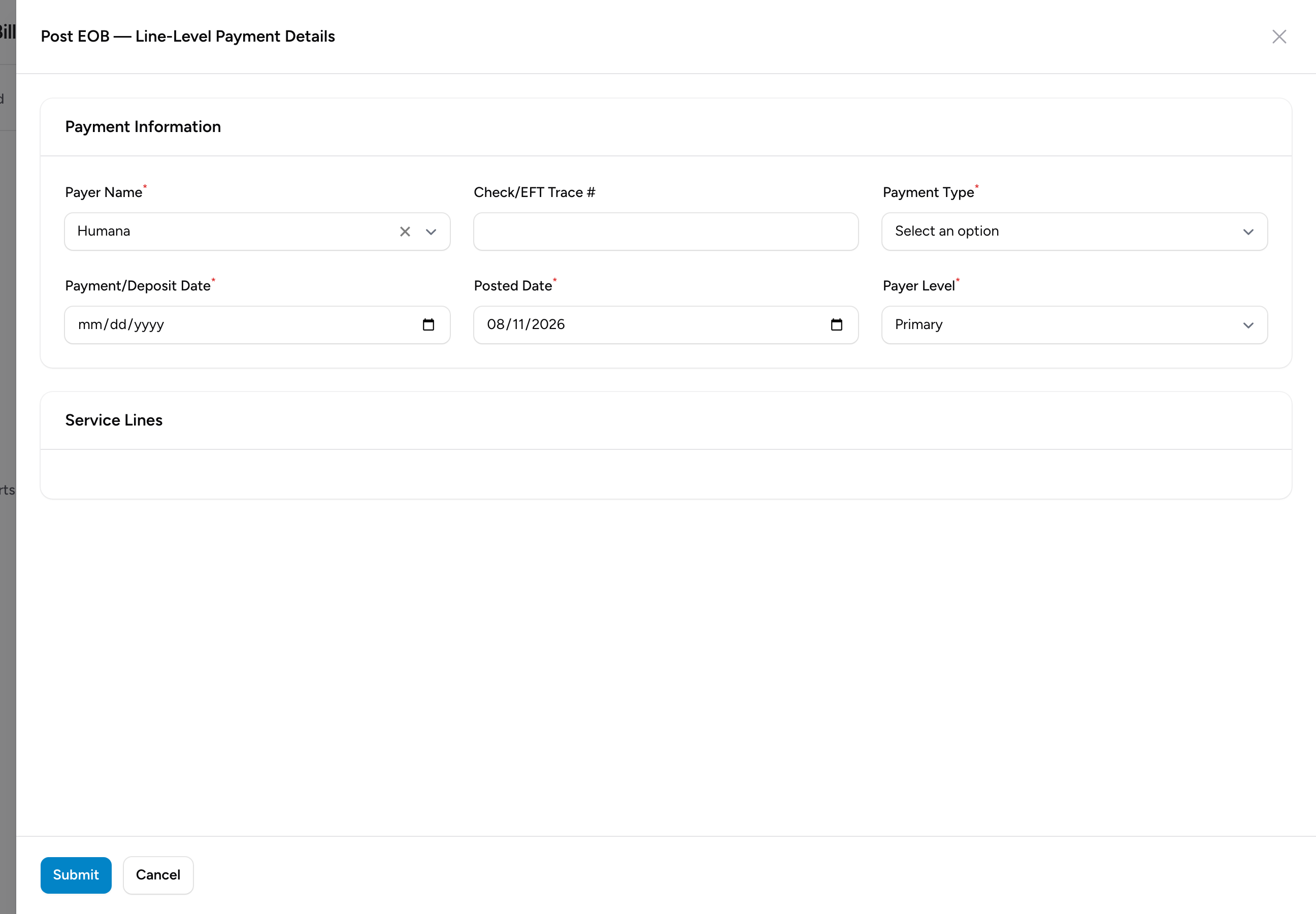 The Post EOB panel with the Payment Information fields and one row per service line.