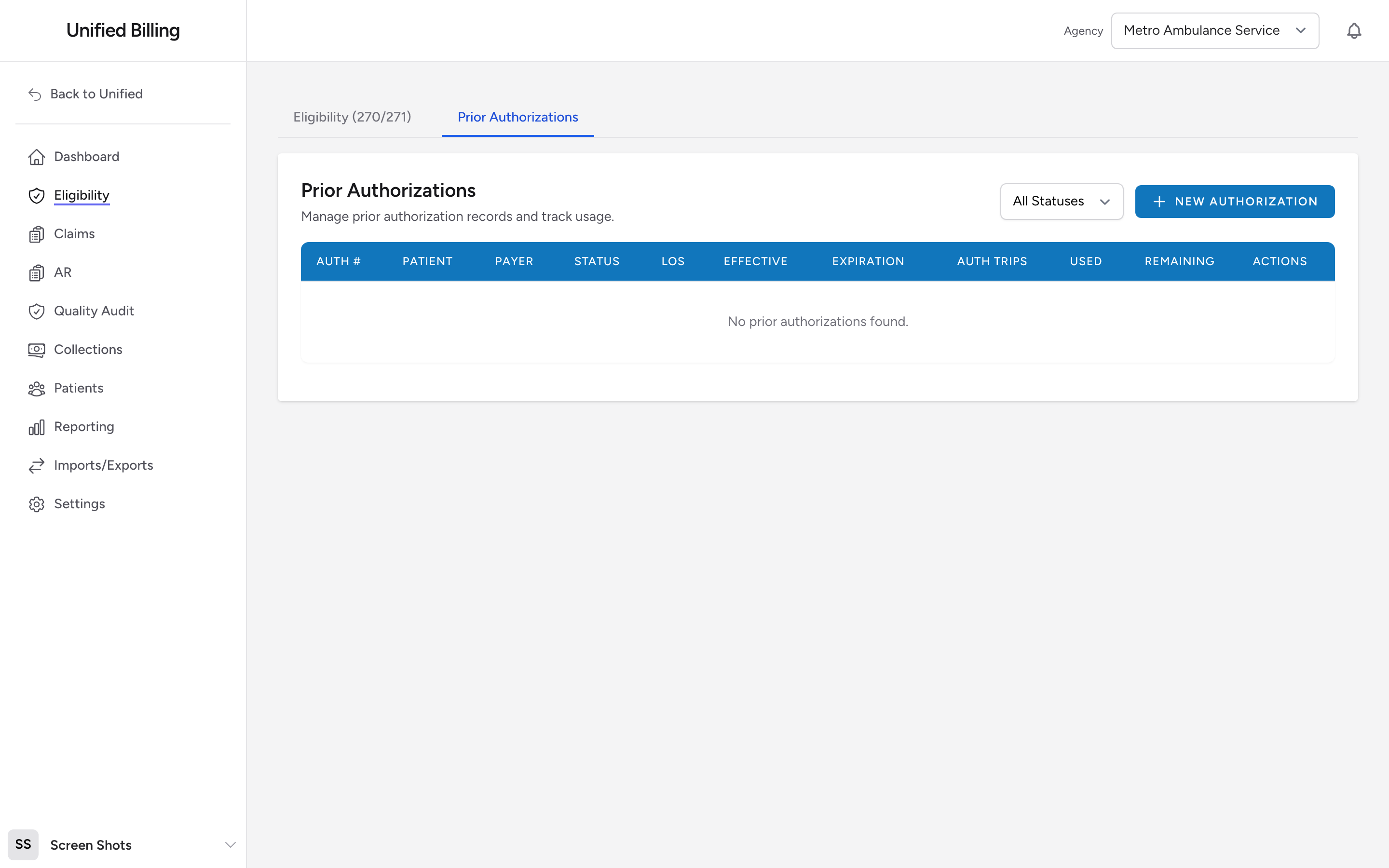 The Prior Authorizations page with the New Authorization button and a list of authorizations.