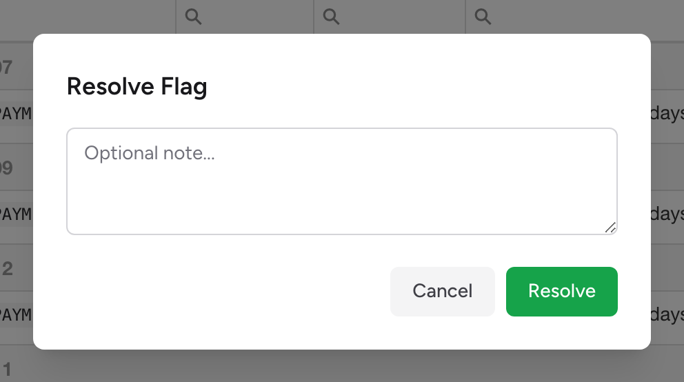 The resolve modal with an optional note box and Cancel and Resolve buttons.