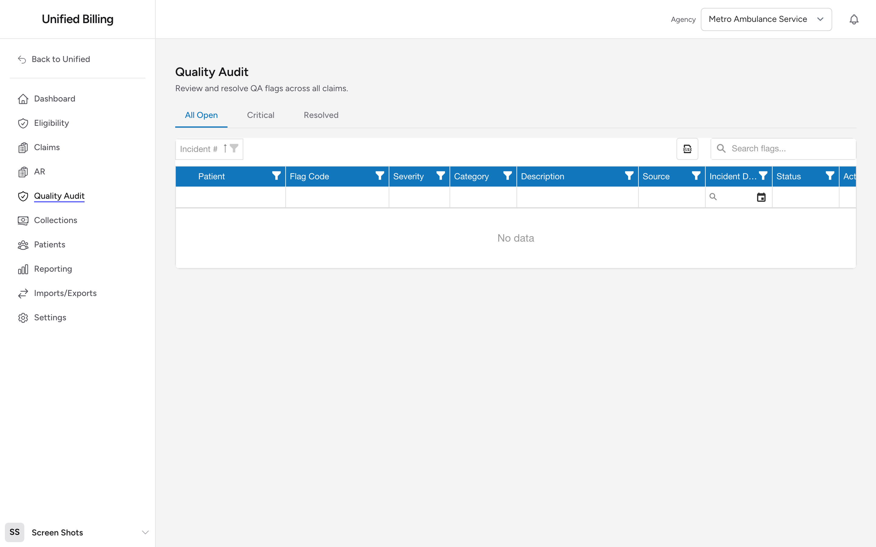The Quality Audit work queue with the All Open, Critical, and Resolved tabs and a grid of flagged claims.