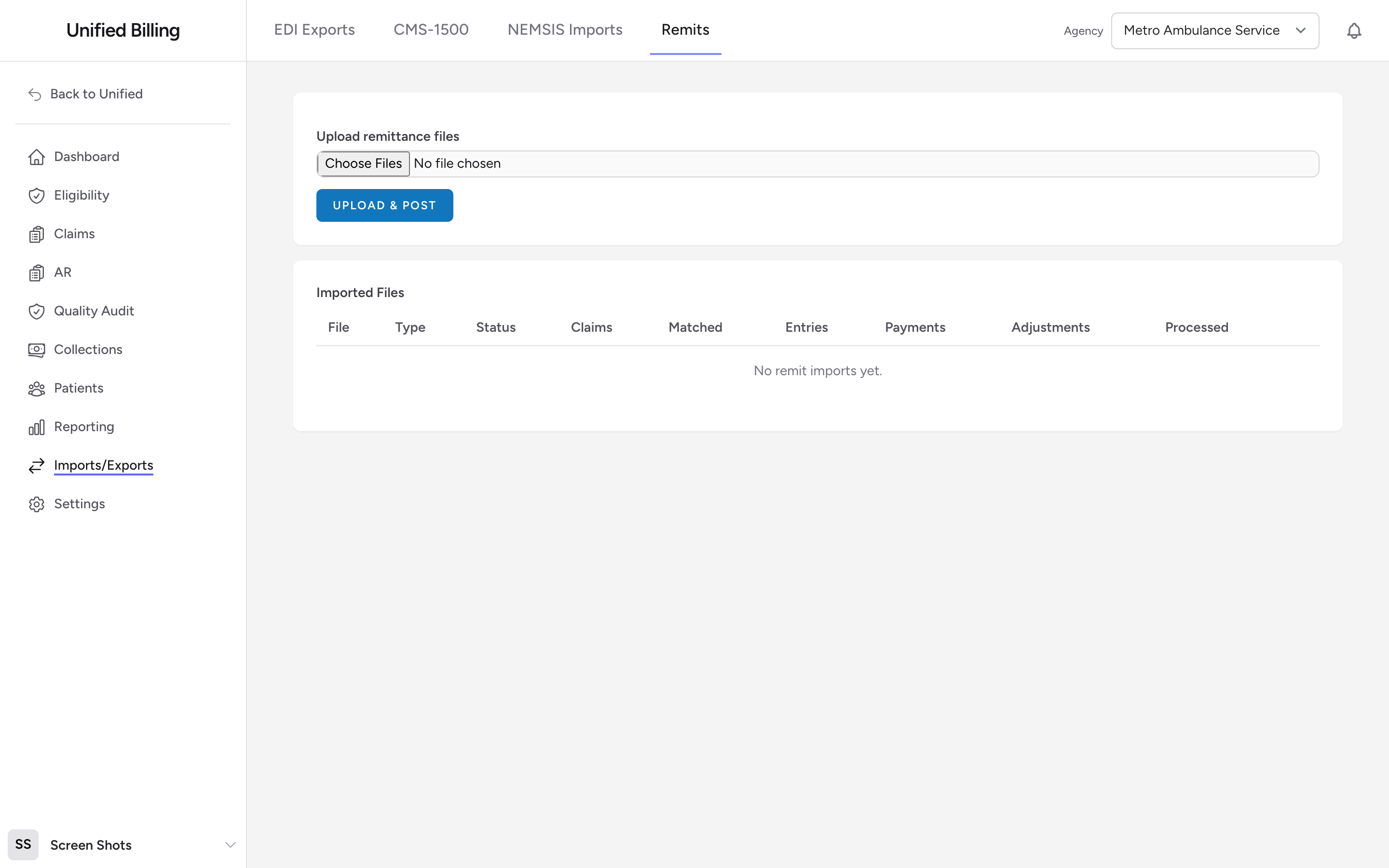The Remittance Imports page with the file picker, Upload and Post button, and the Imported Files table.