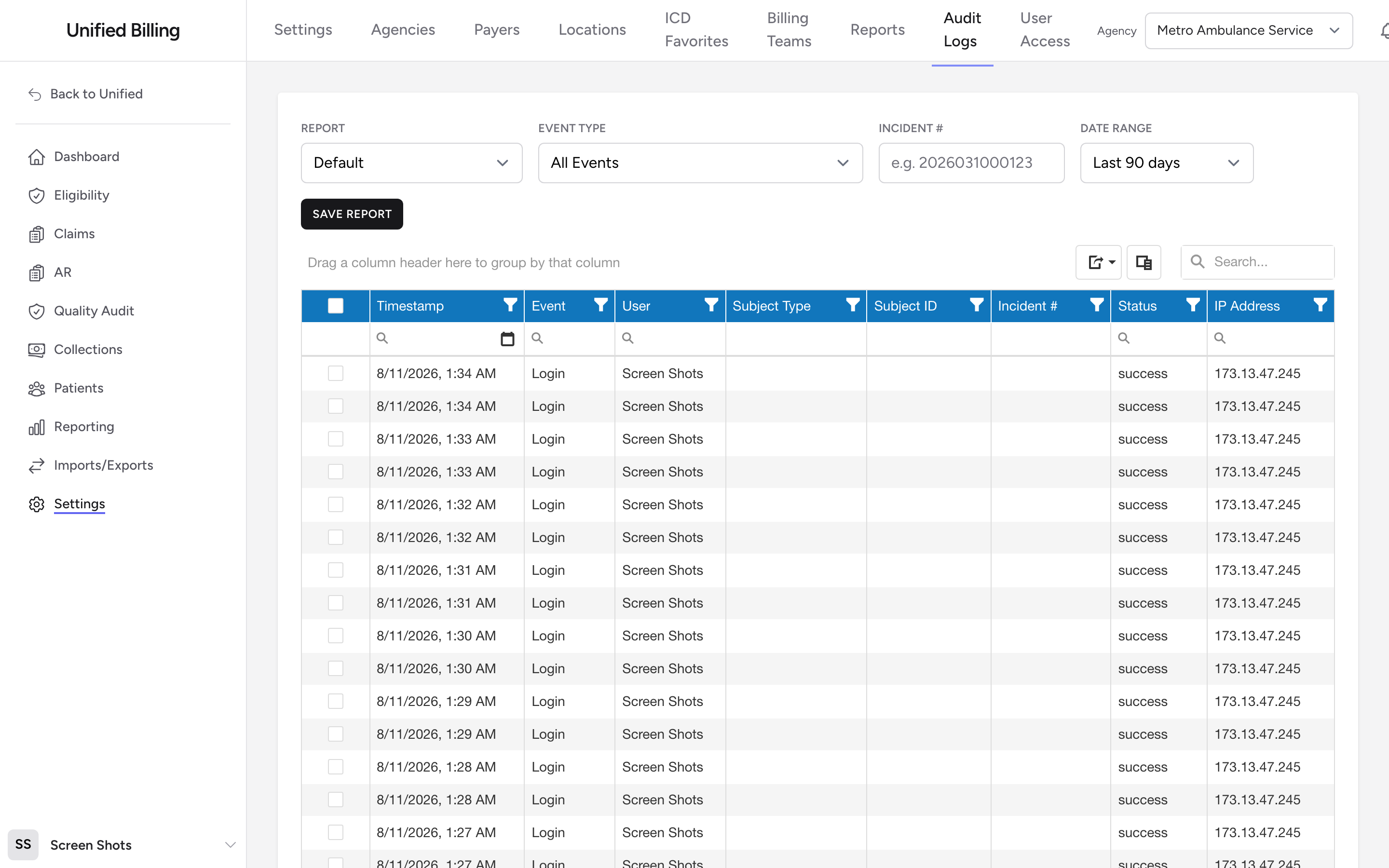 The Audit Logs page with the Report dropdown, Date Range picker, and Save Report button above the grid.
