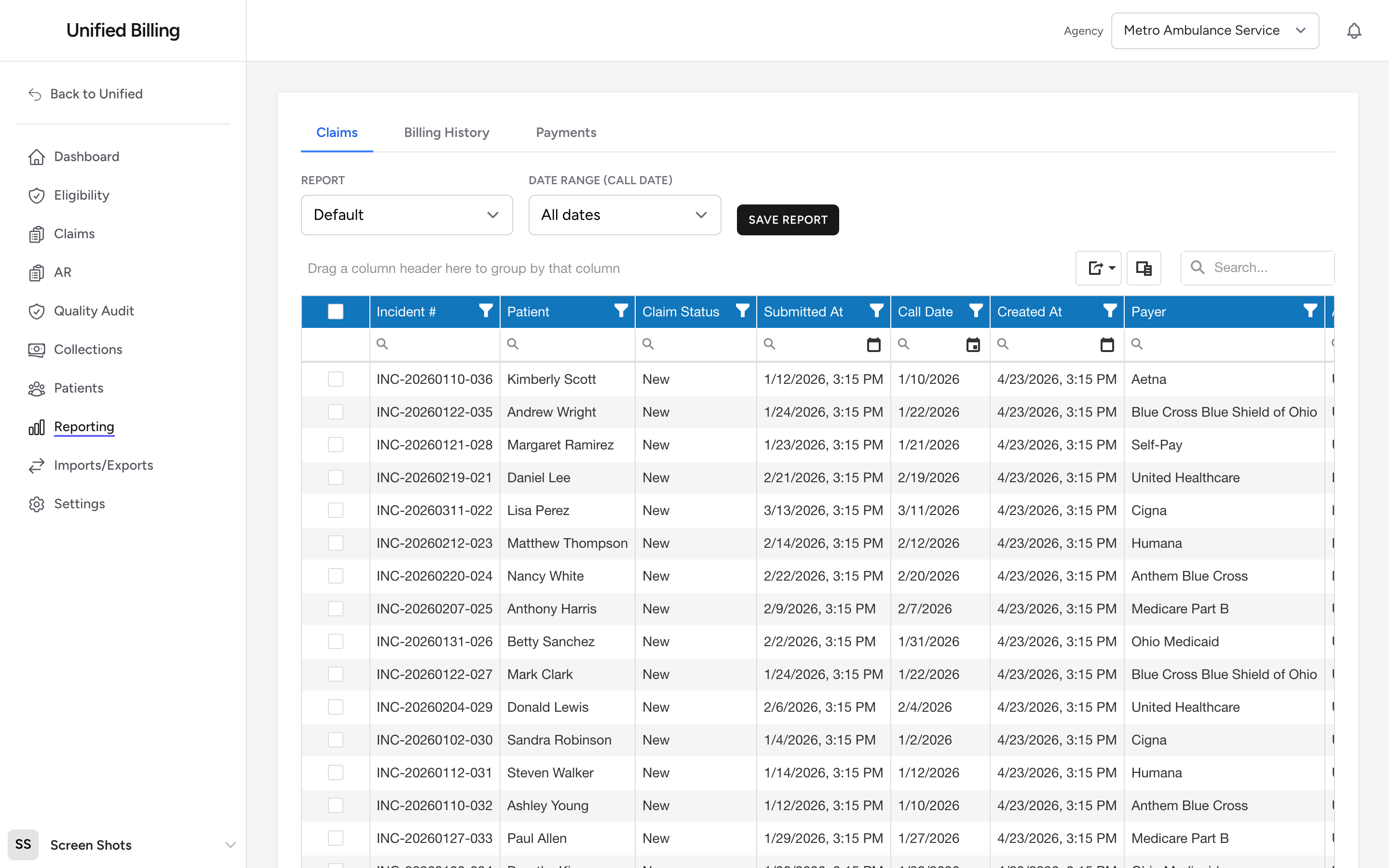 The Reporting page toolbar with the Report dropdown, Date Range picker, and Save Report button.