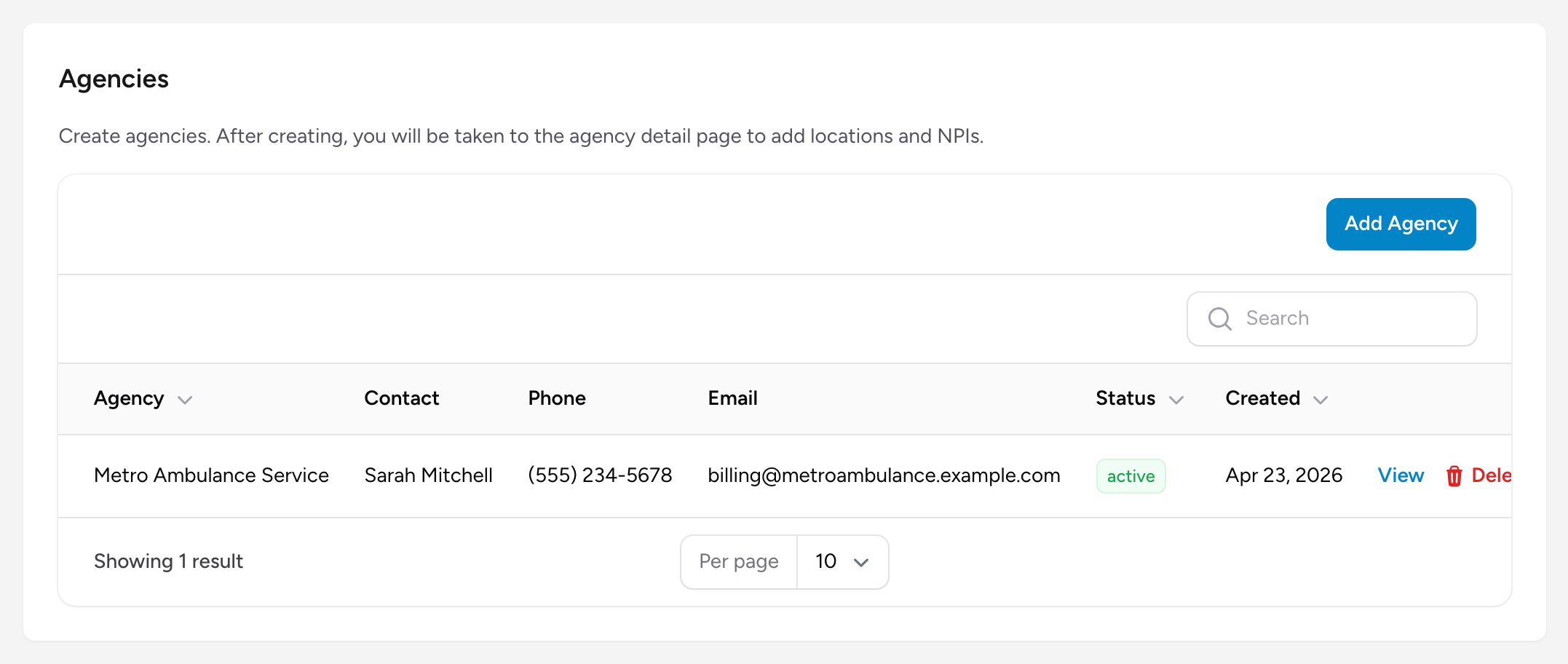 The Agencies page under Settings with the Add Agency button, where the go-live setup begins.